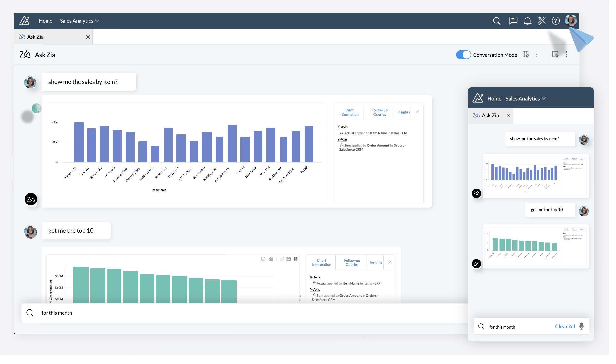 Ask Zia, conversational AI assistant for generating data visualizations