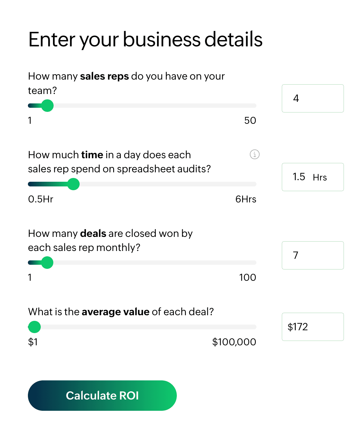 Bigin CRM ROI calculator input business details box