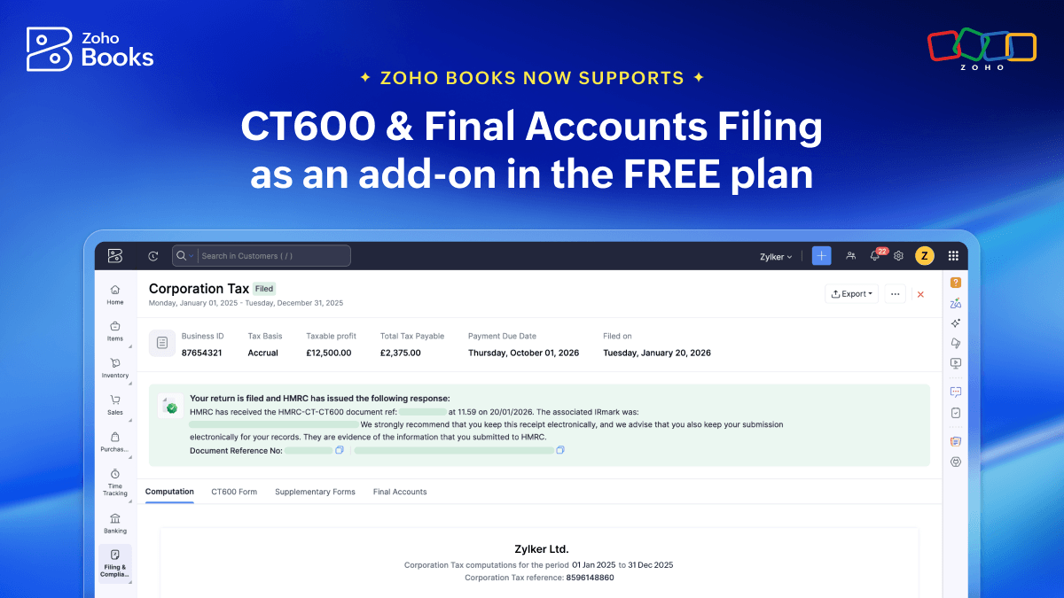 Zoho Books now supports CT600 & Final Accounts Filing as an add-on in the FREE plan