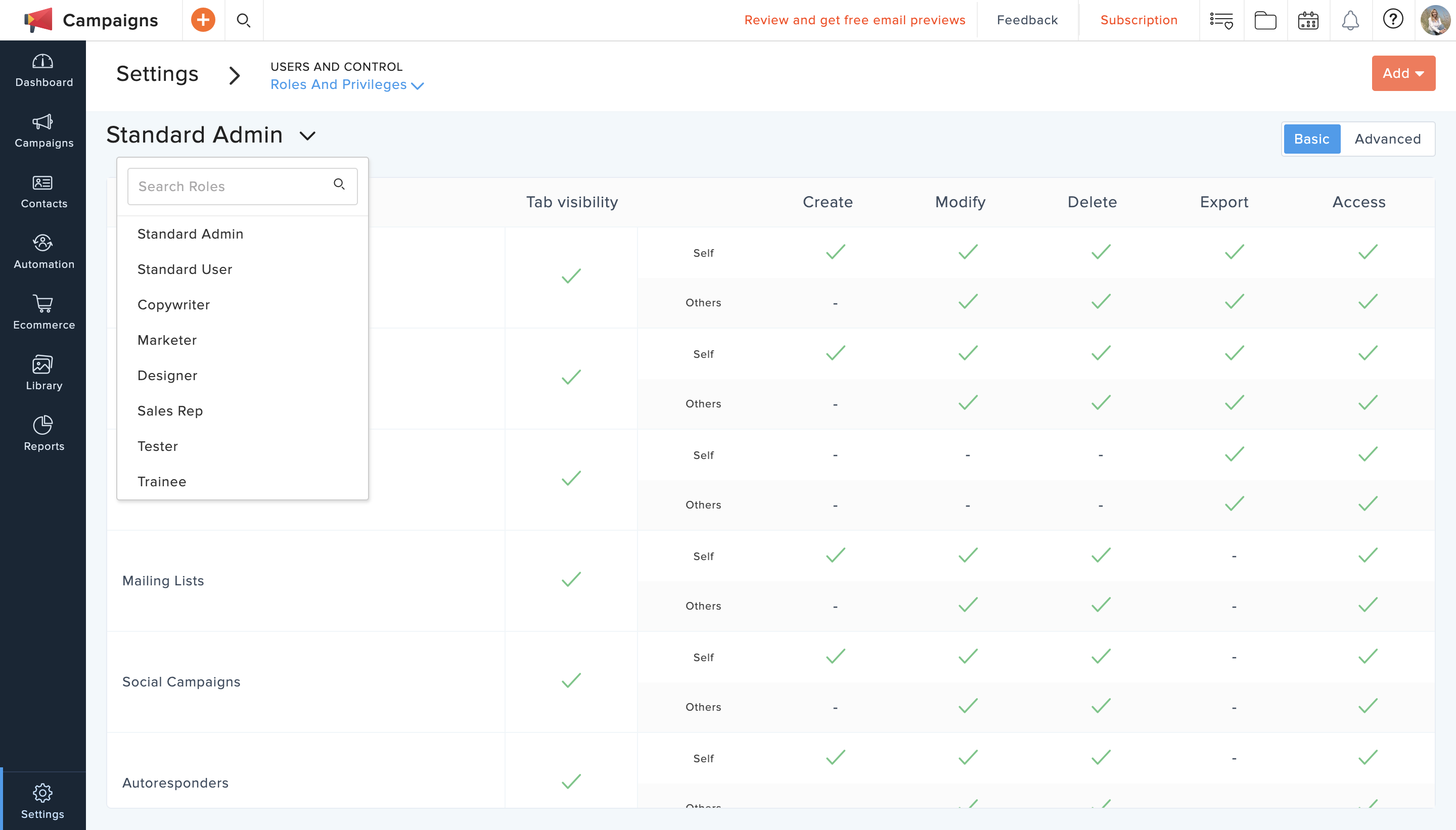 email marketing zoho campaigns roles and privileges