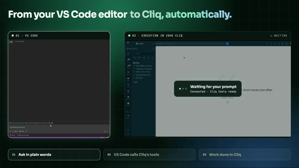VS Code AI agent building a Zoho Cliq bot that shows customer balances in a table and chart