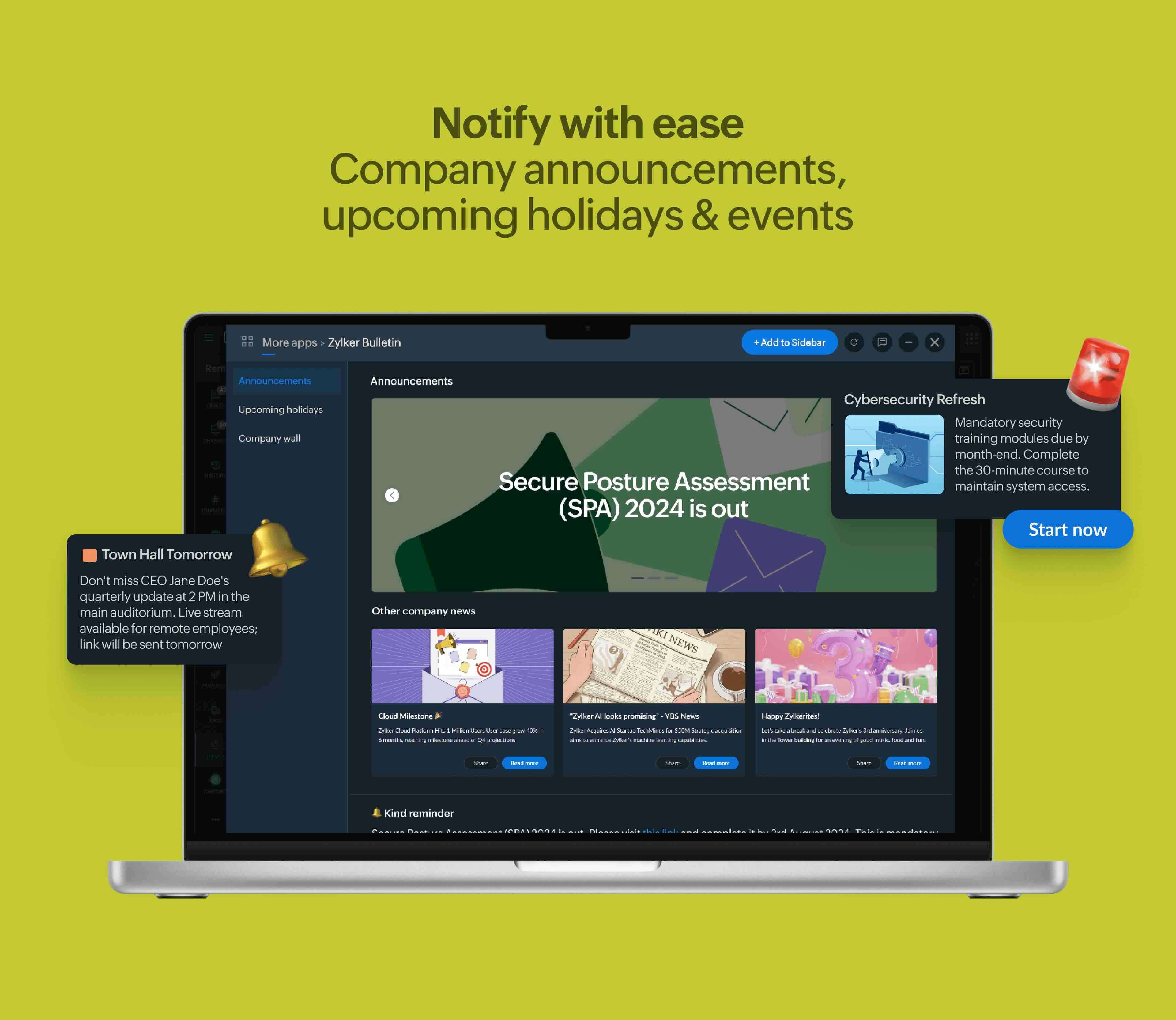 Company news, updates, holidays, announcements in Zoho Cliq