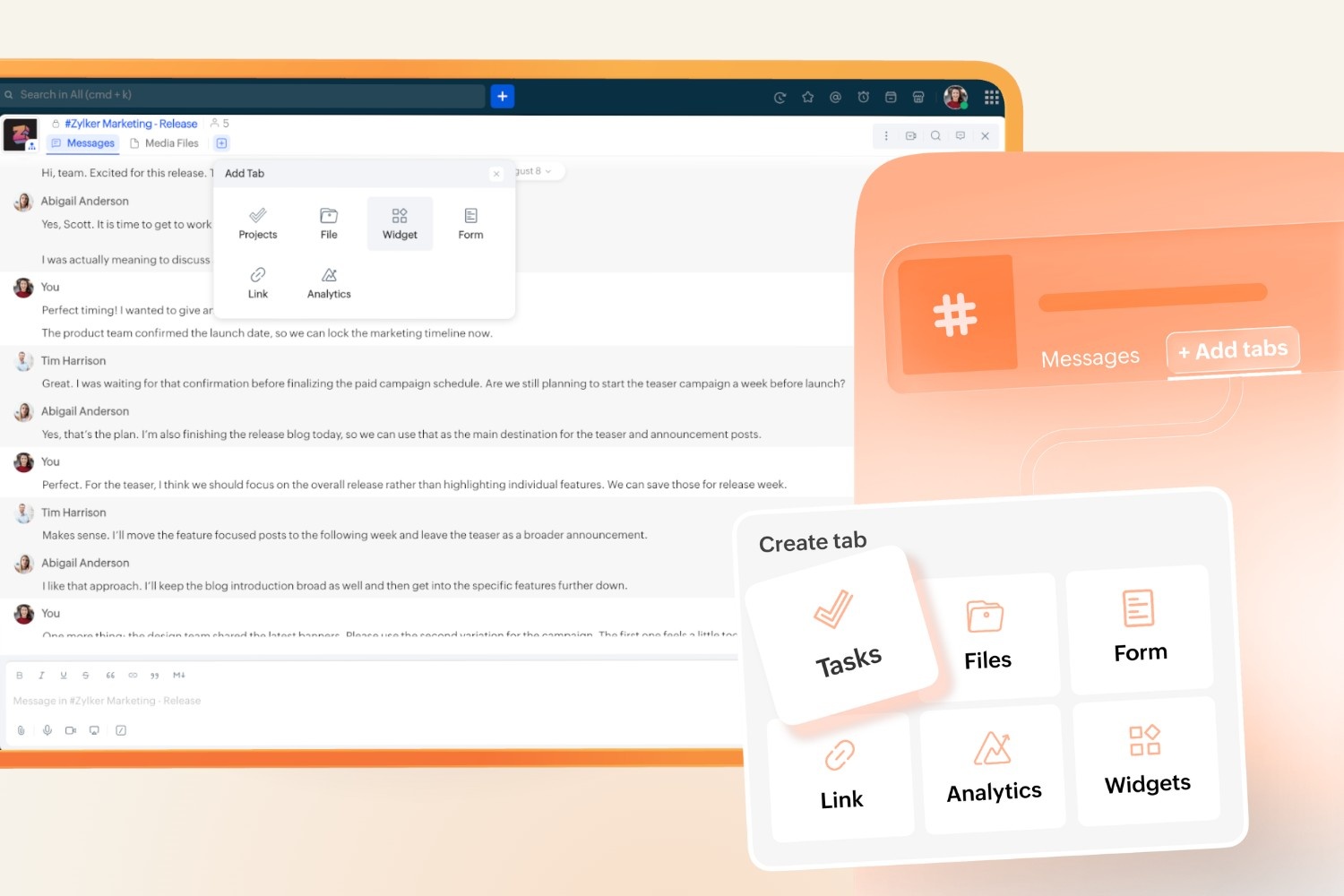 Add Tab menu in Zoho Cliq showing chat tab options including tasks, files, form, link, analytics, and widgets