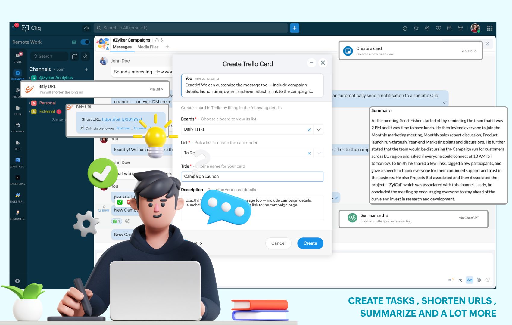 Create Trello cards for suggestions in message , shorten urls shared in conversations and summarize any long message instantly with Trello Bitly ChatGPT message actions in Zoho Cliq