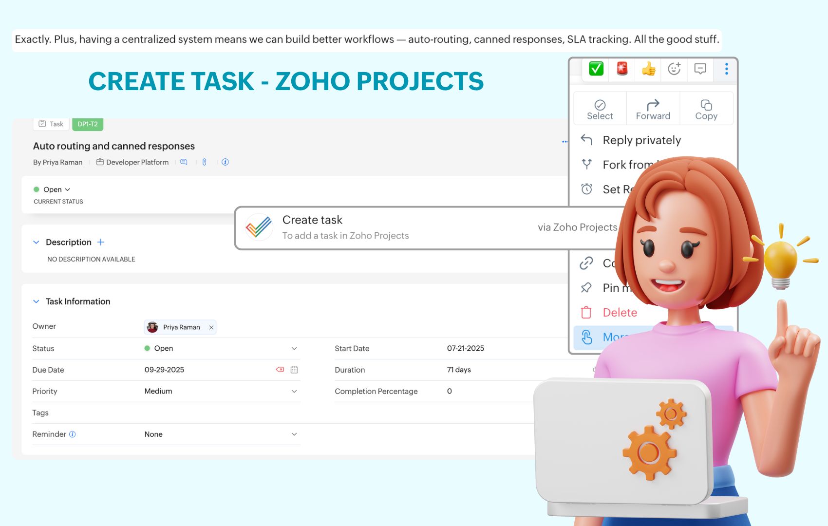 Create tasks in Zoho Projects with Zoho Cliq message actions without any tab switching