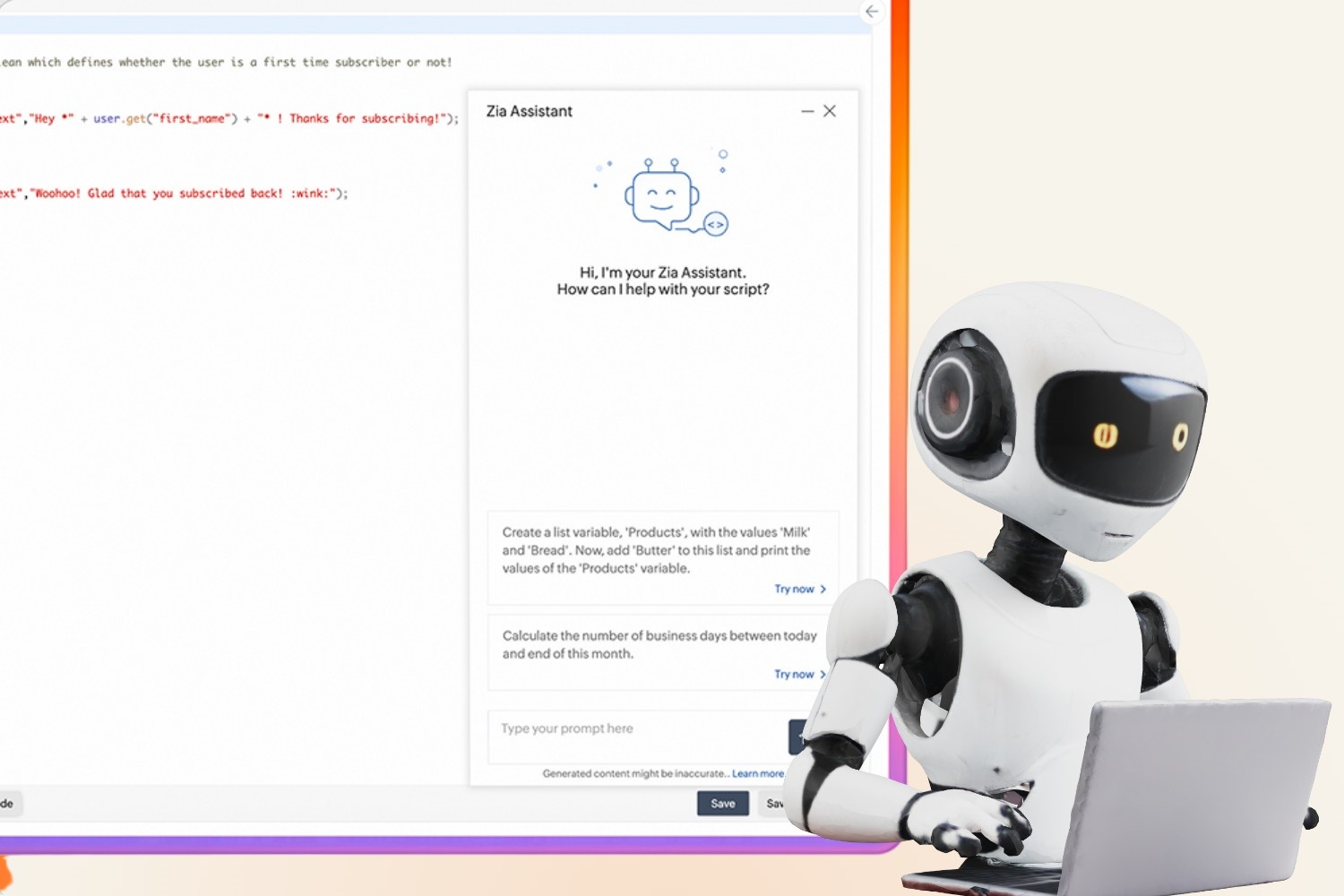 Zia AI assistant helping write Deluge script code inside the Cliq developer platform