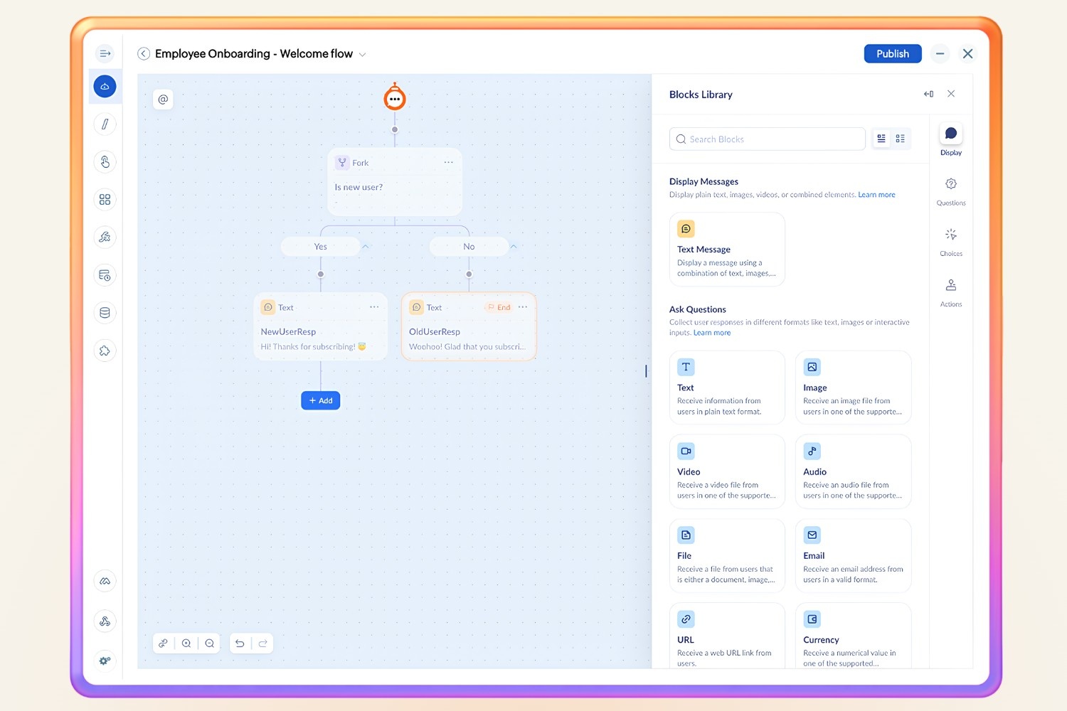 Flow Builder interface in Cliq showing a no-code bot conversation flow with blocks library panel
