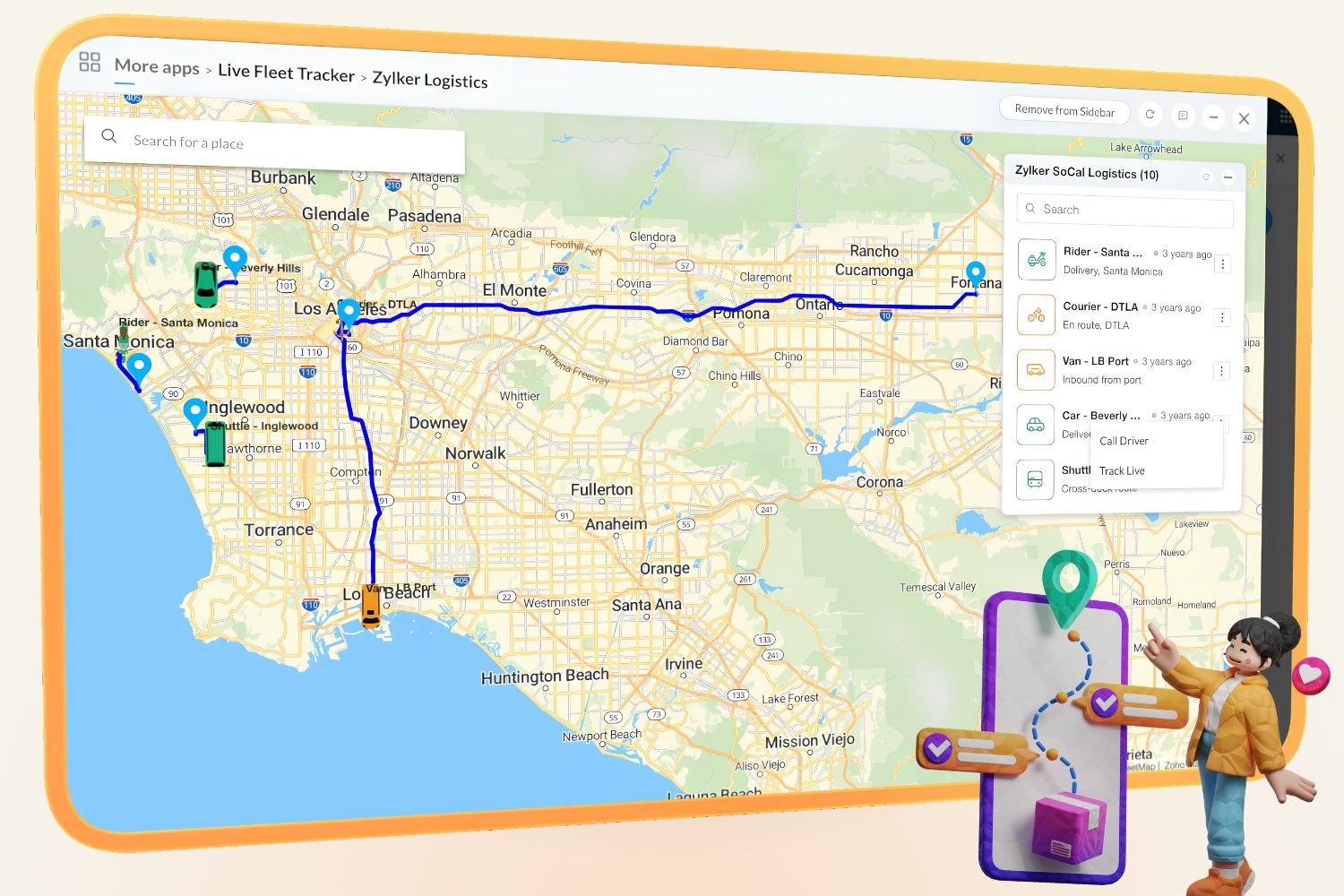 Live fleet tracking widget tab in Cliq displaying real-time vehicle locations on a map