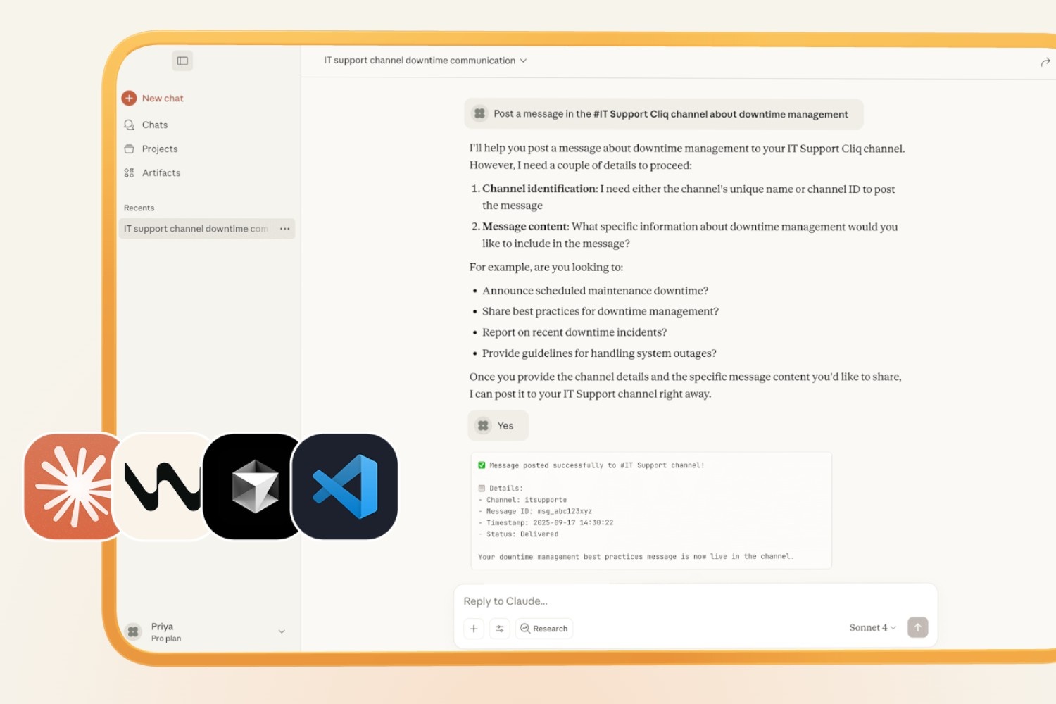 Claude desktop app connected to Cliq through MCP, posting a message to a Cliq channel