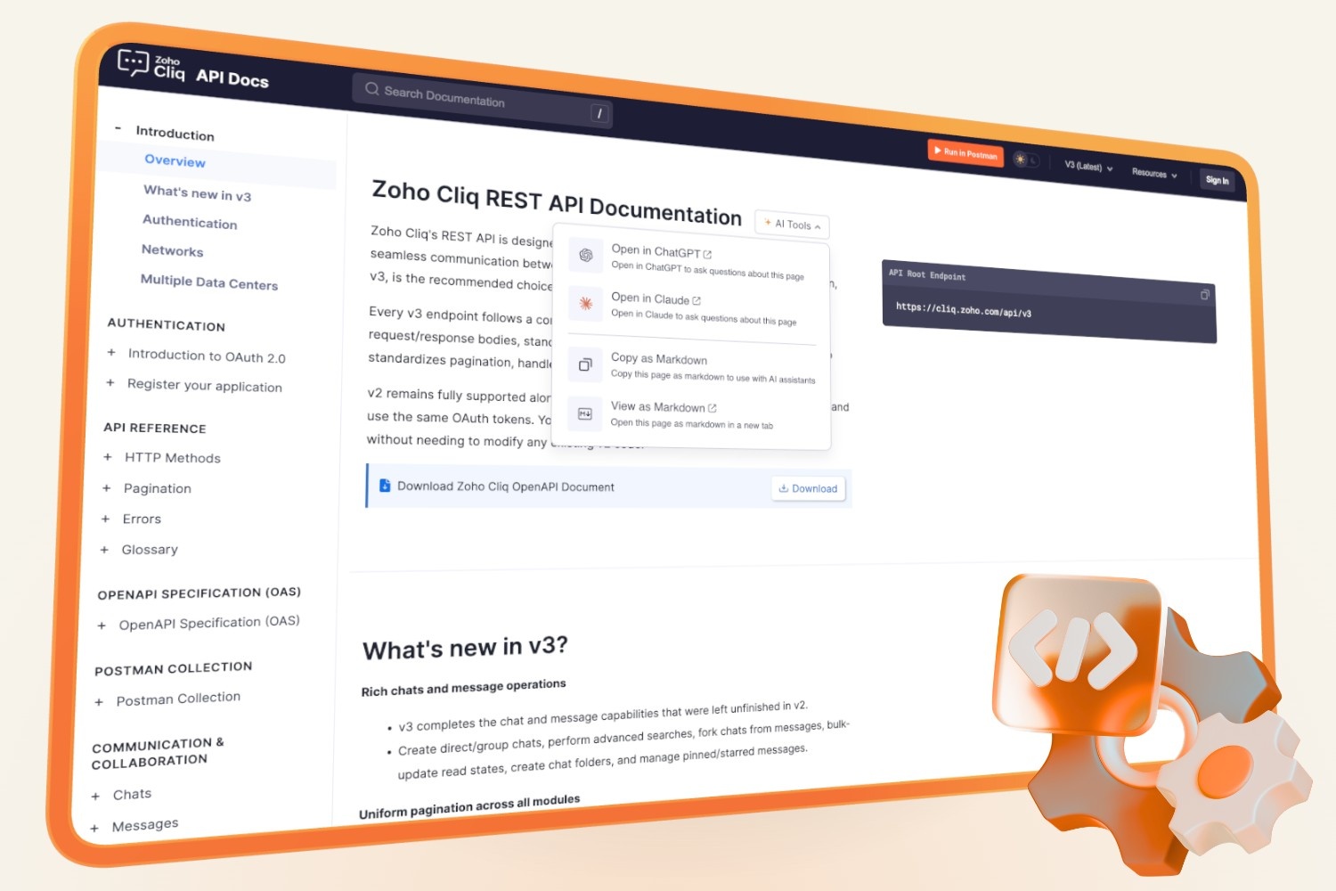 Zoho Cliq REST API documentation page with AI tools menu for ChatGPT and Claude integration