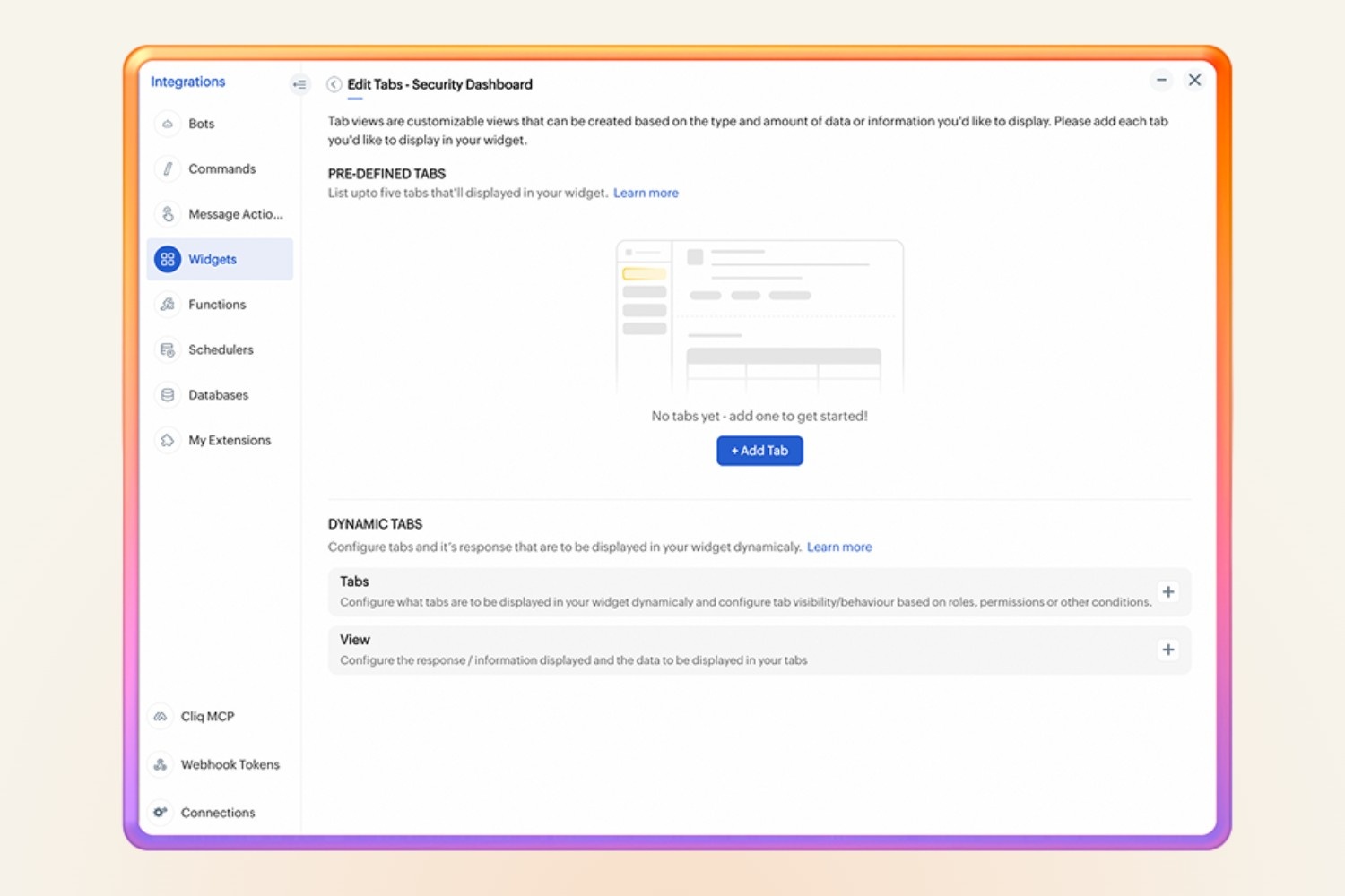 Edit Tabs settings screen for configuring pre-defined and dynamic tabs in a Cliq widget