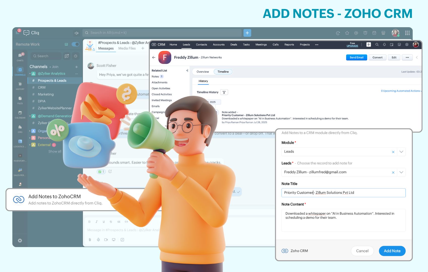Add notes and manage your leads deals accounts of Zoho CRM with Zoho Cliq Message Actions