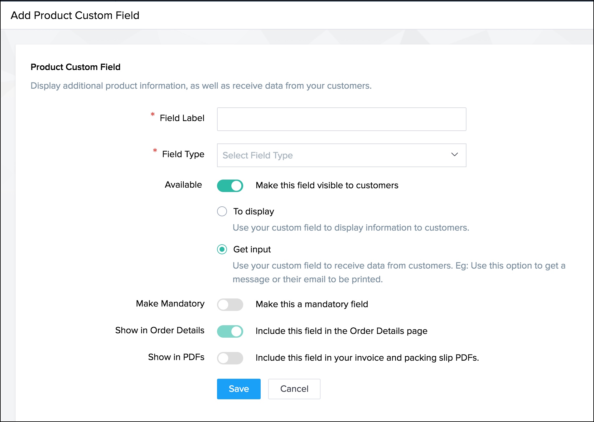 Screenshot of custom fields feature