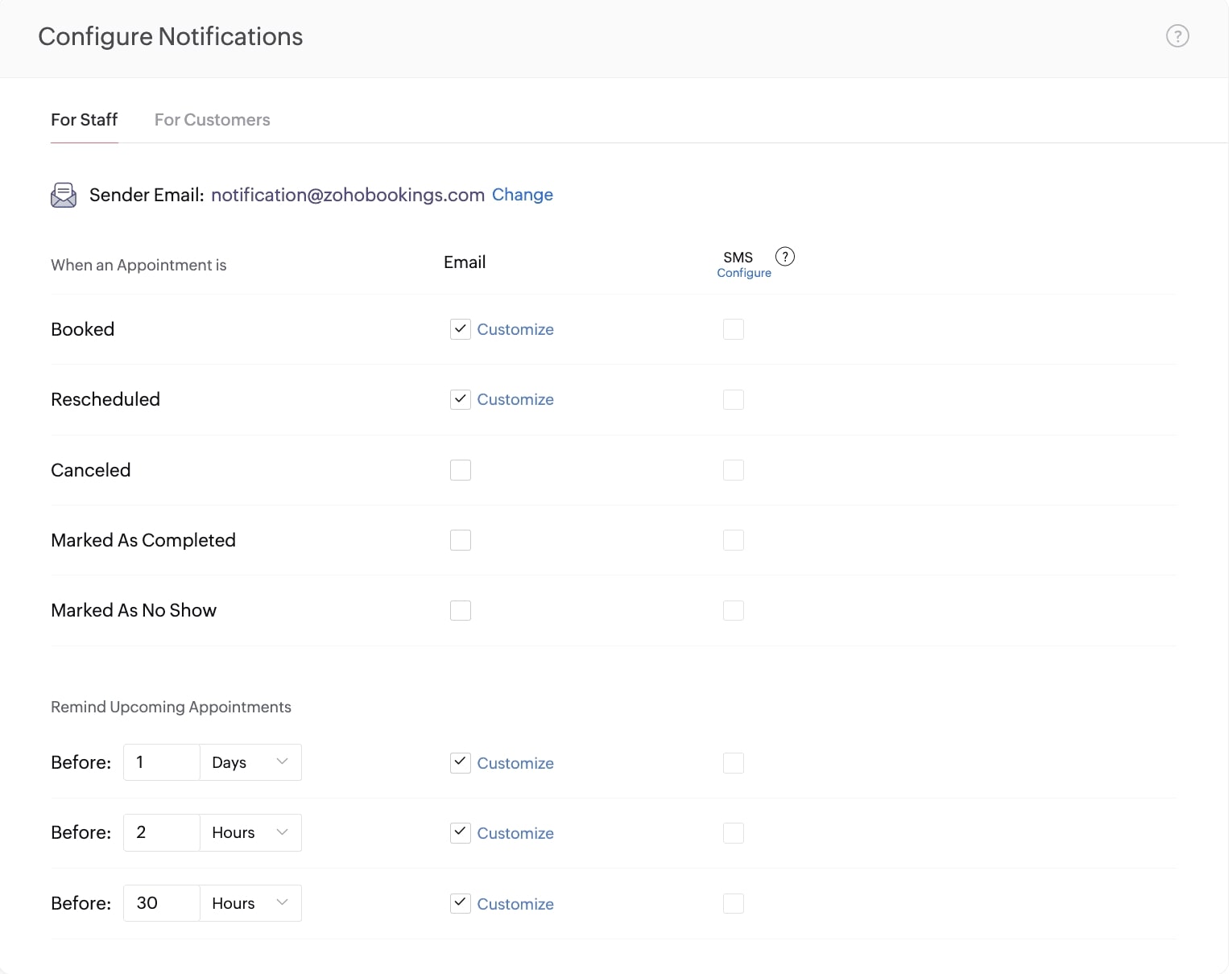 Configuring staff notifications in Zoho Bookings dashboard