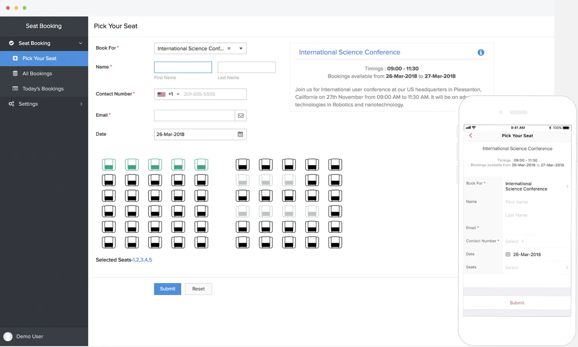 Portal principal de aplicación para apartar asientos de cine o teatro creado con Zoho Creator