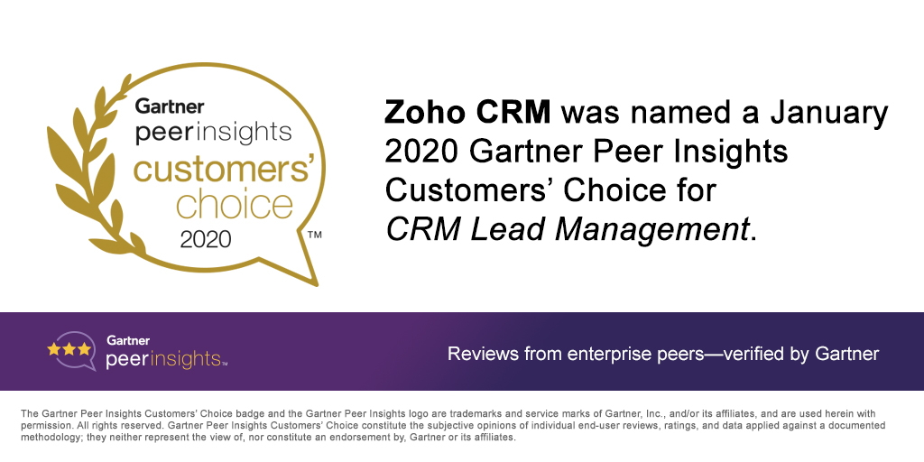 Zoho CRM Named a January 2020 Gartner Peer Insights Customers’ Choice for CRM Lead Management