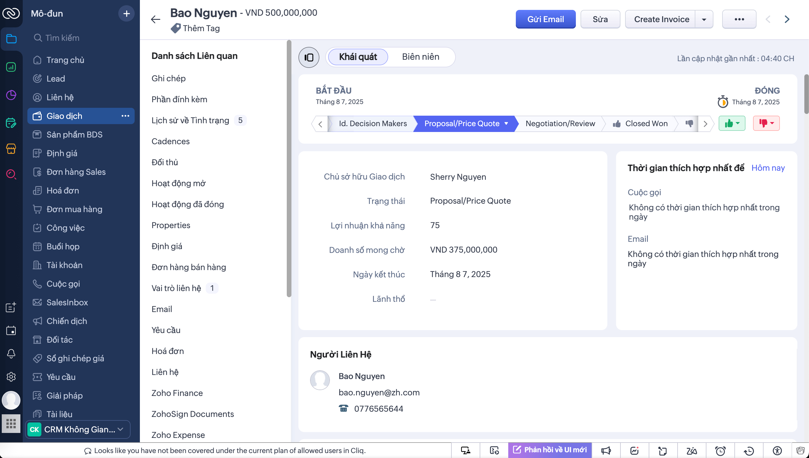 Giao dien nguoi dung Zoho CRM