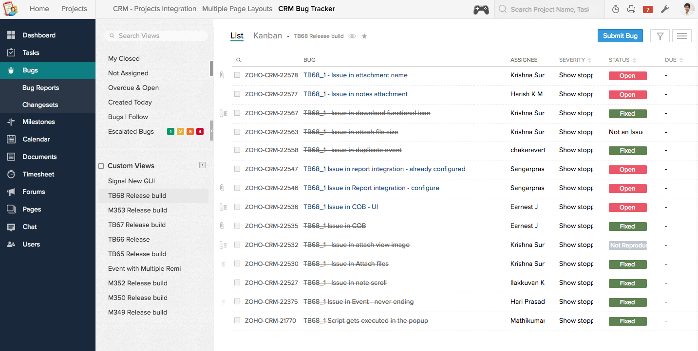 A custom view in Zoho BugTracker