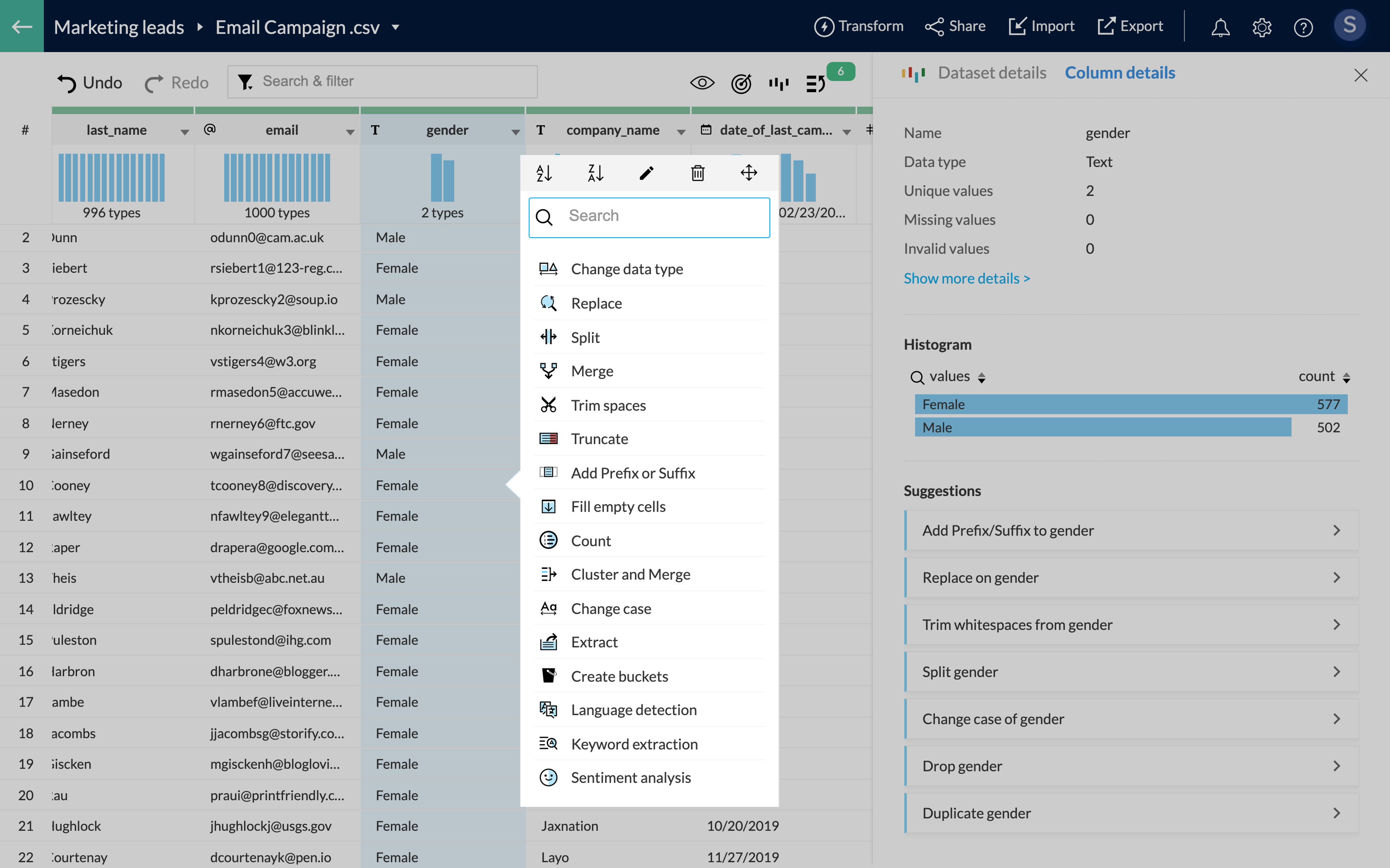 Column transforms in Zoho DataPrep