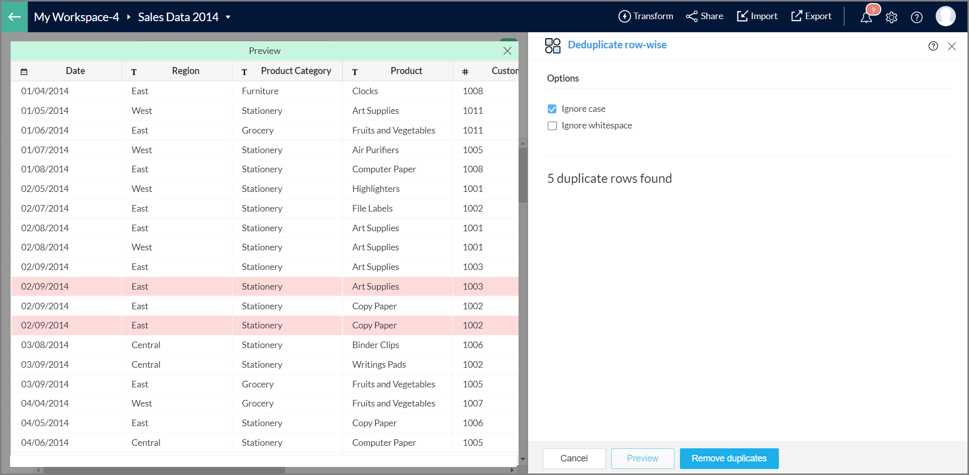 Deduplicate transform in Zoho DataPrep