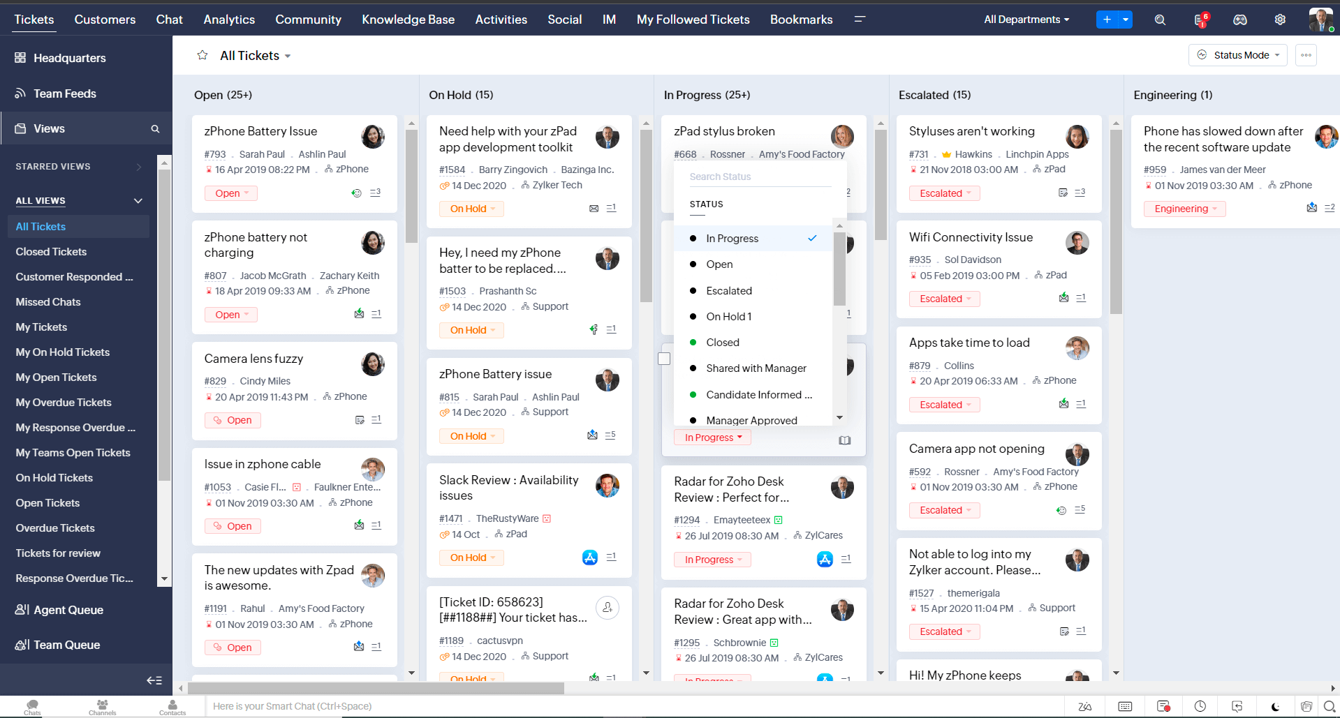 Vista de cola de tickets con estado desplegable - Zoho Desk 2023