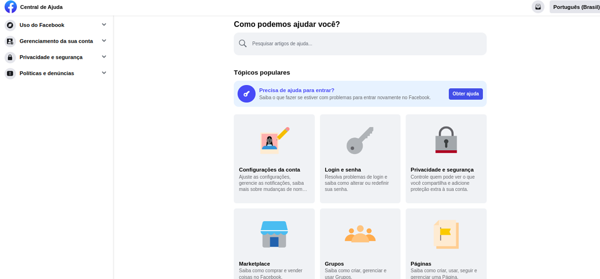central de ajuda Facebook