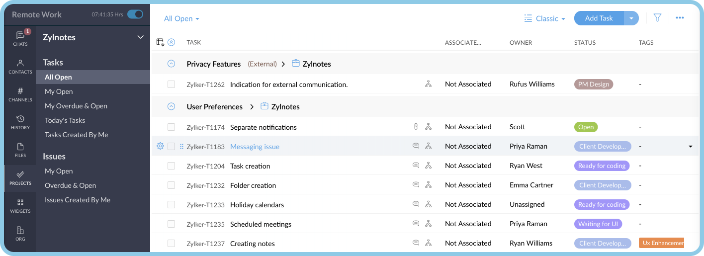 integración de Zoho Projects y Cliq