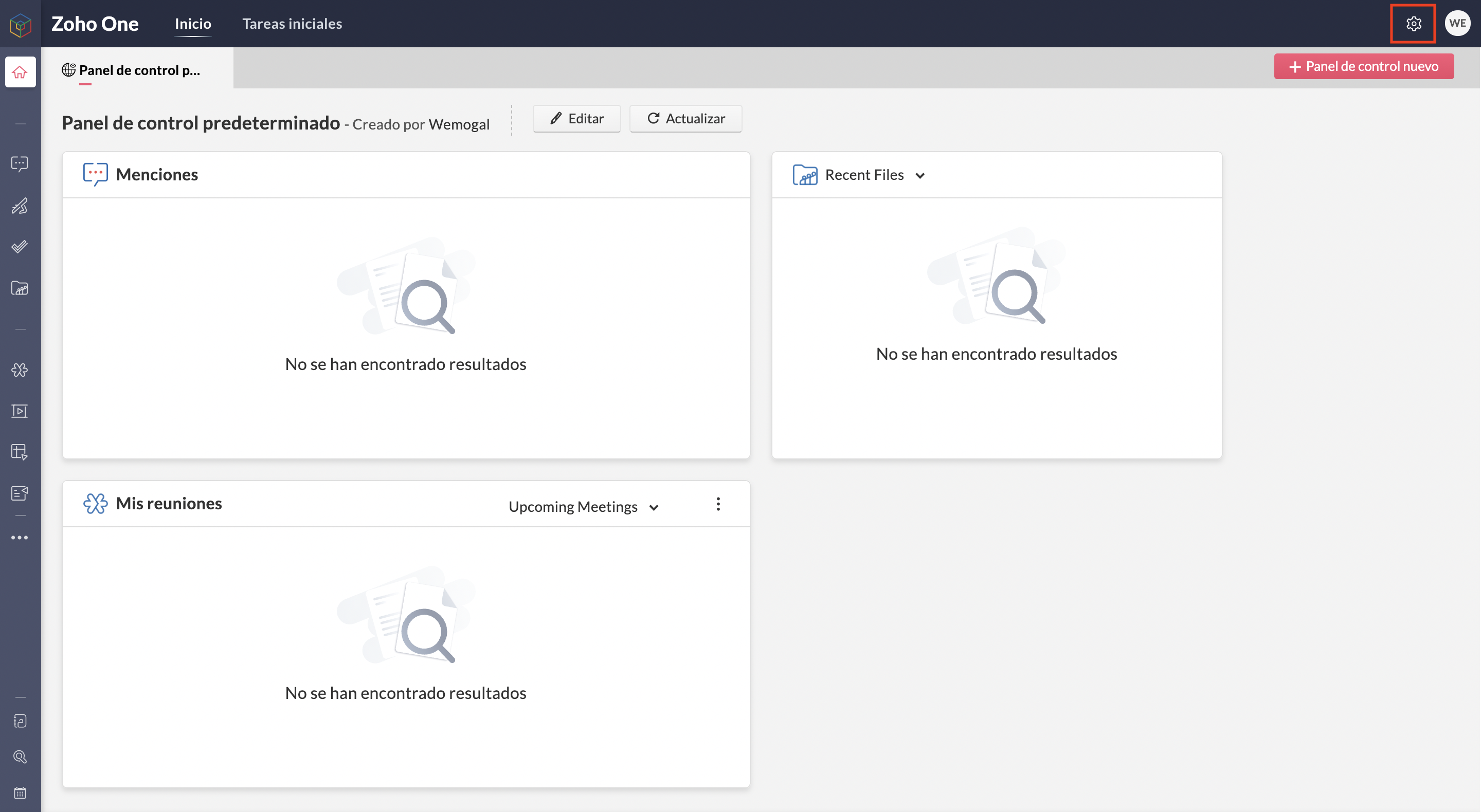 panel de configuración zoho one