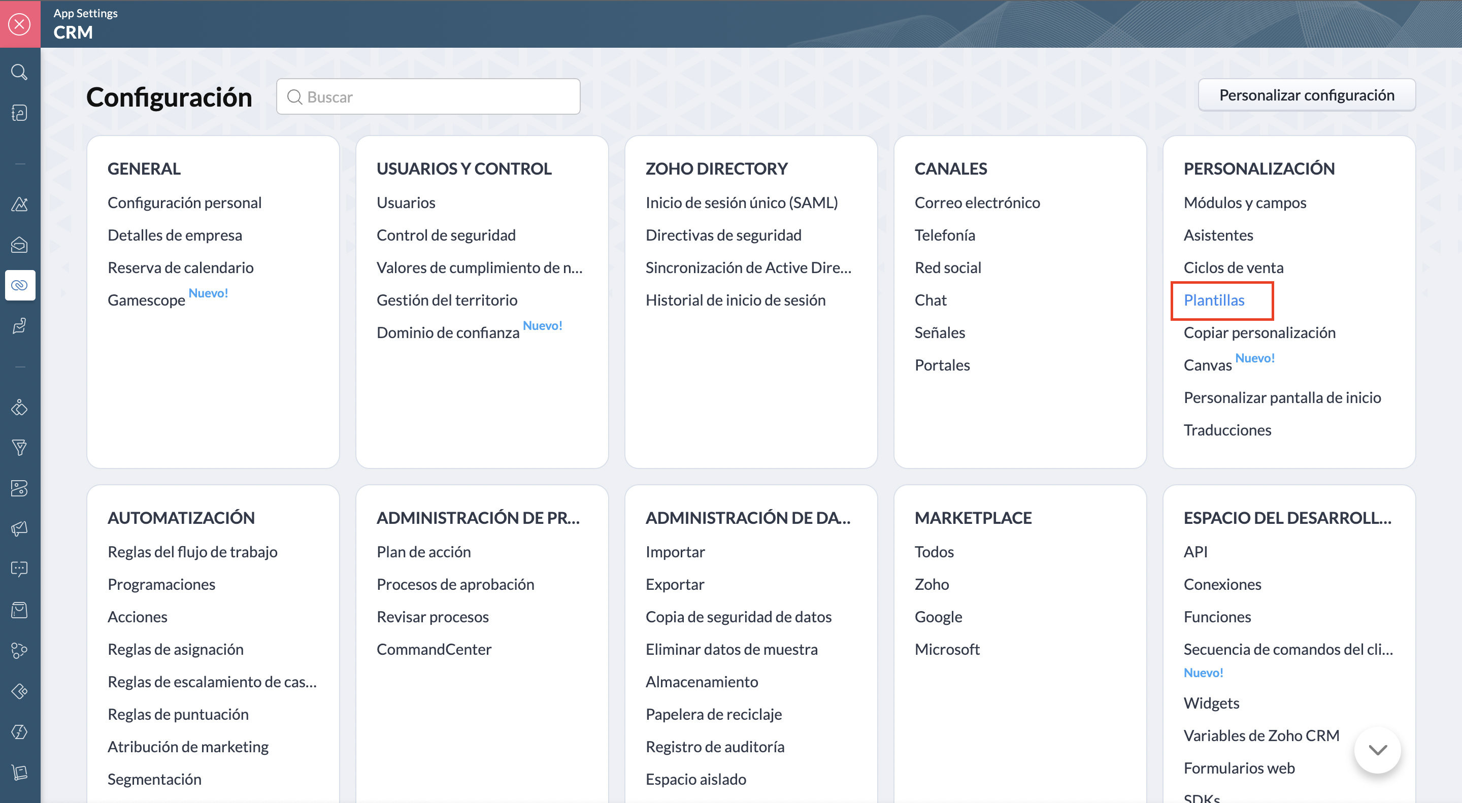 configuración plantillas zoho crm