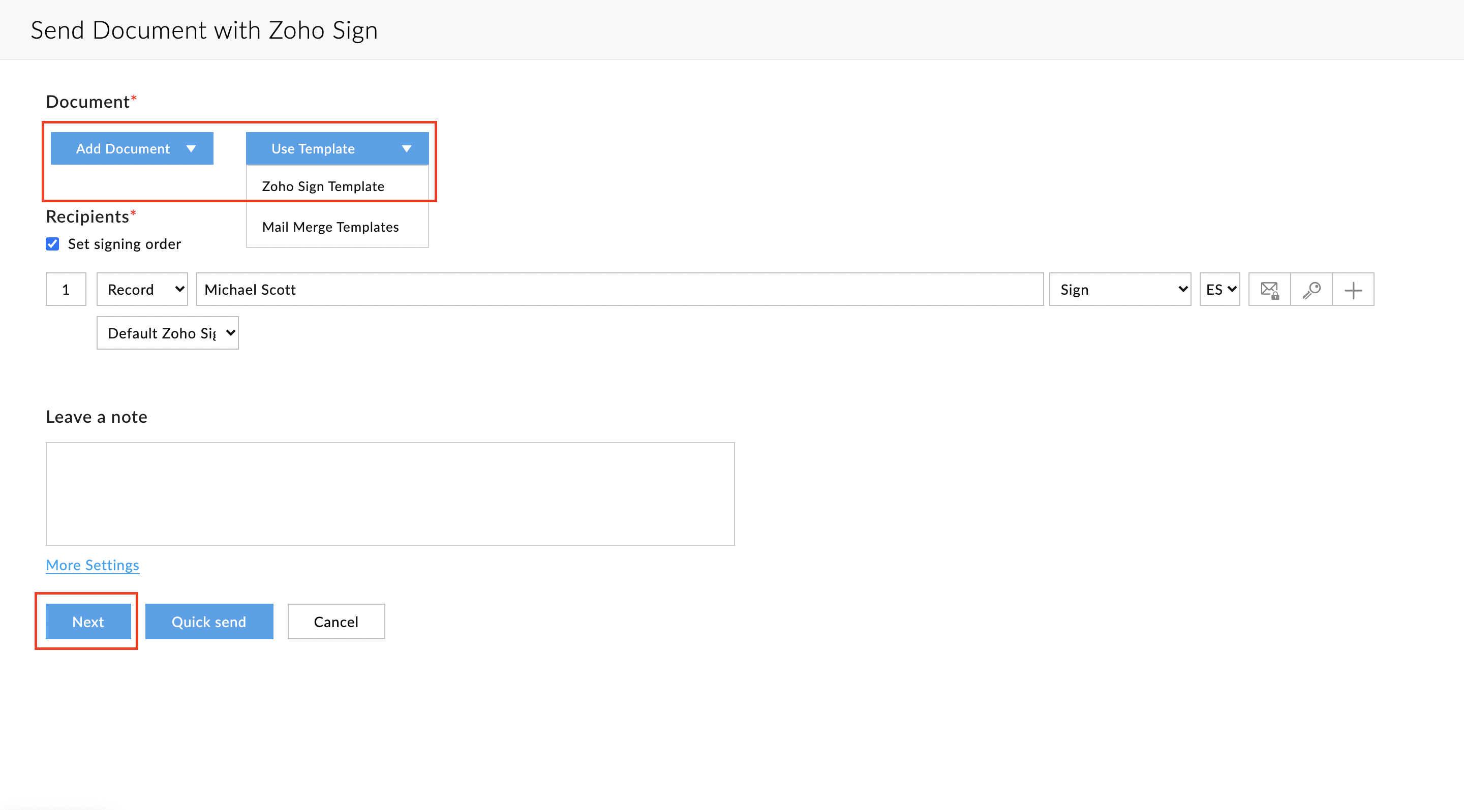 configurar plantilla de zoho sign