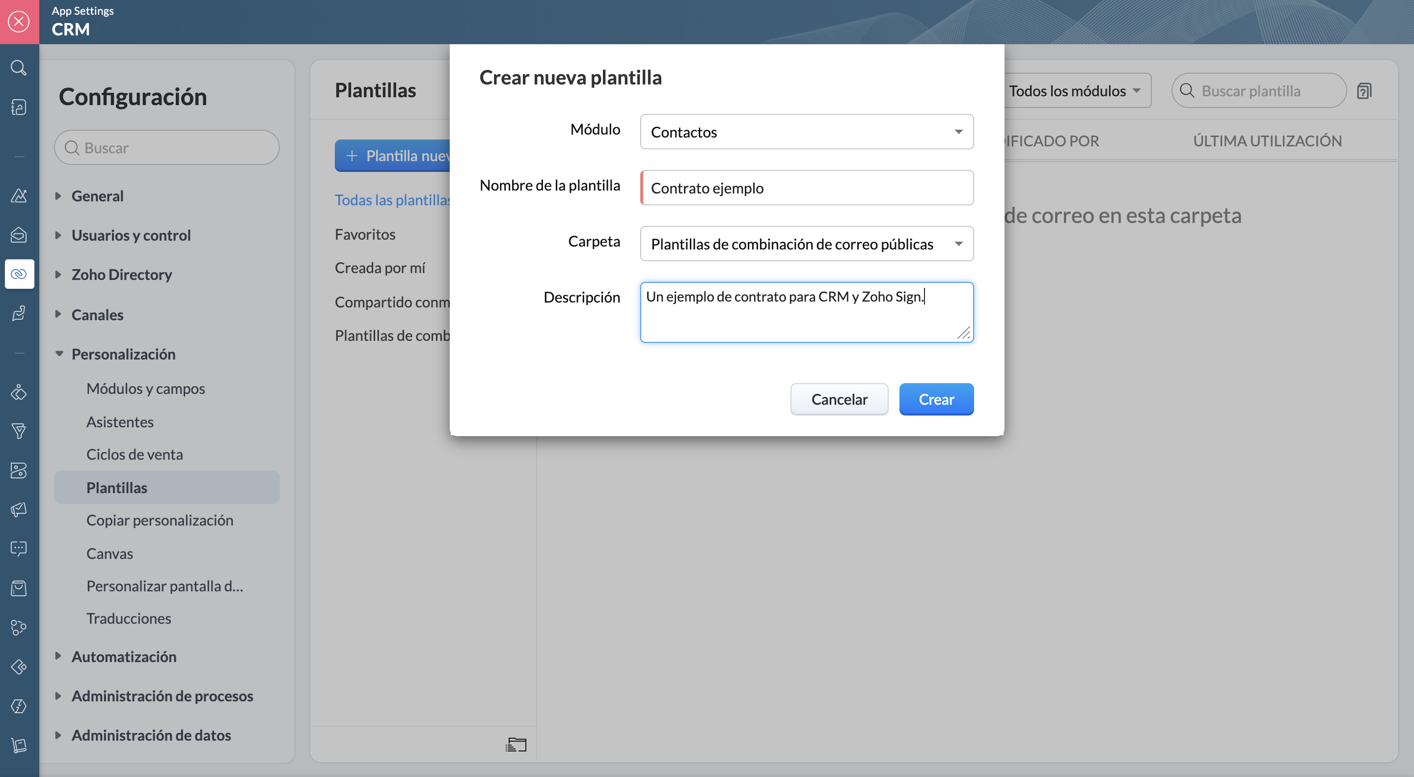 configure una plantilla para Zoho Sign en Zoho CRM