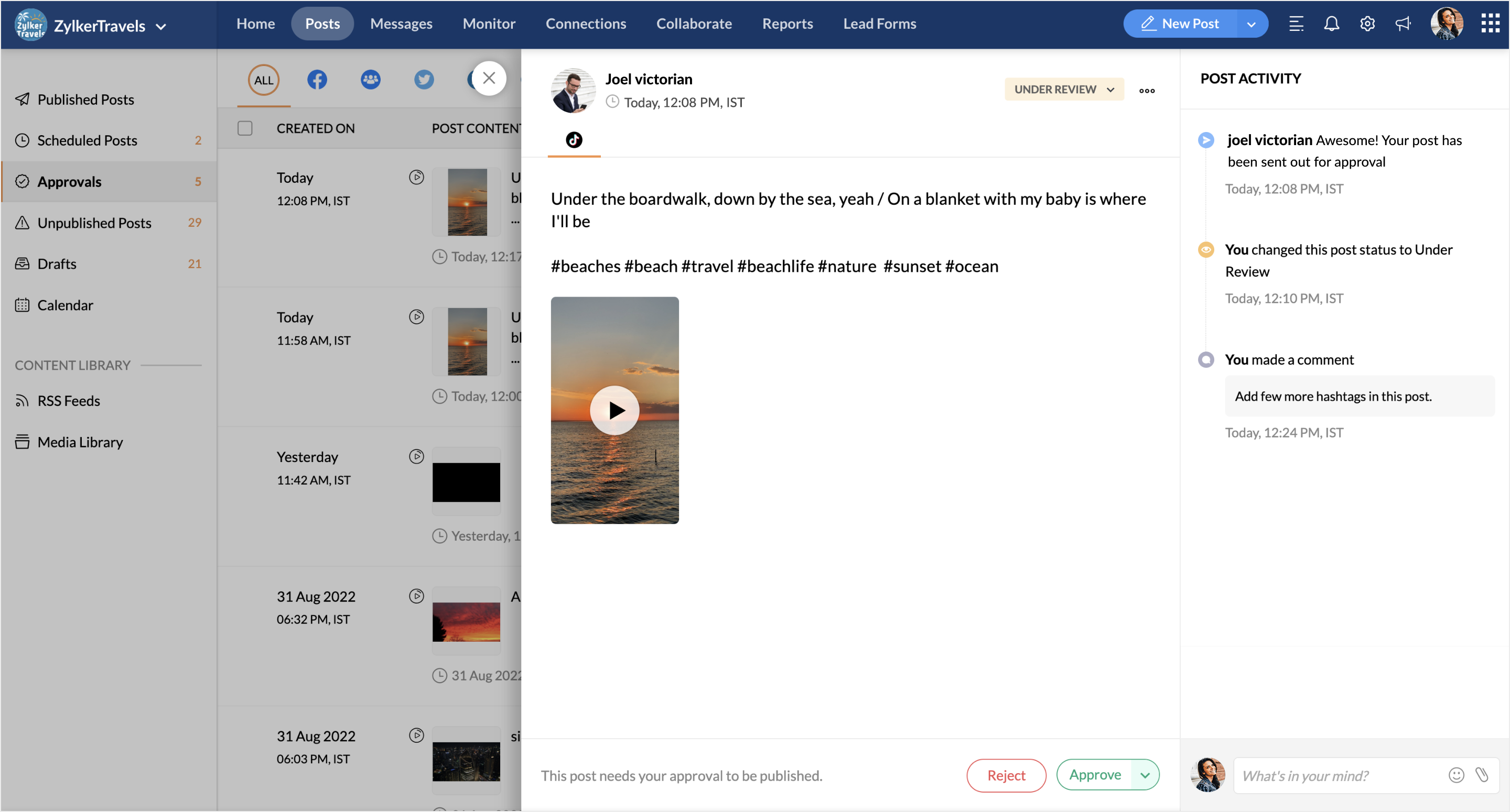 Approval dashboard for TikTik on Zoho Social