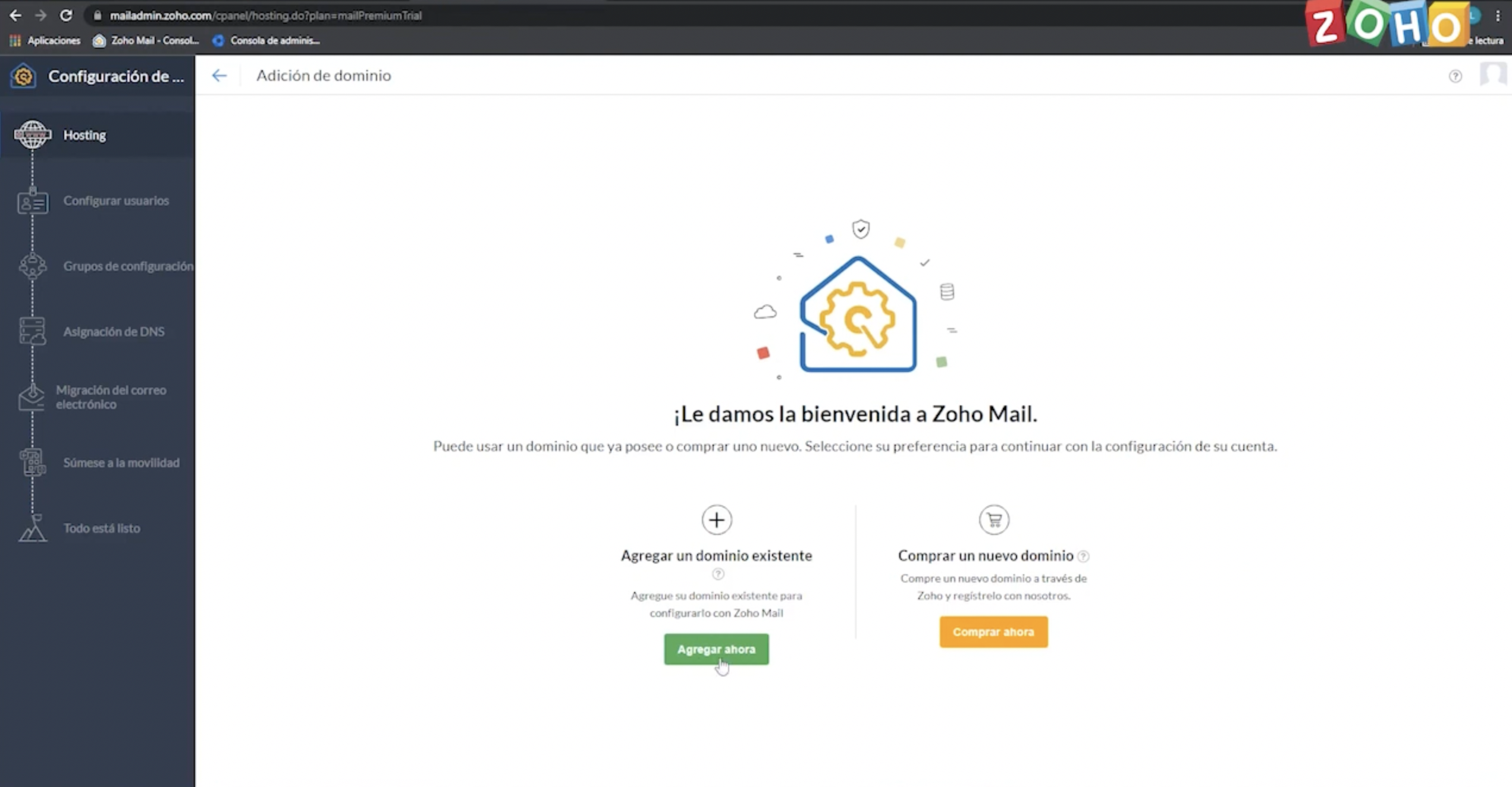 Pantalla de bienvenida Zoho Mail