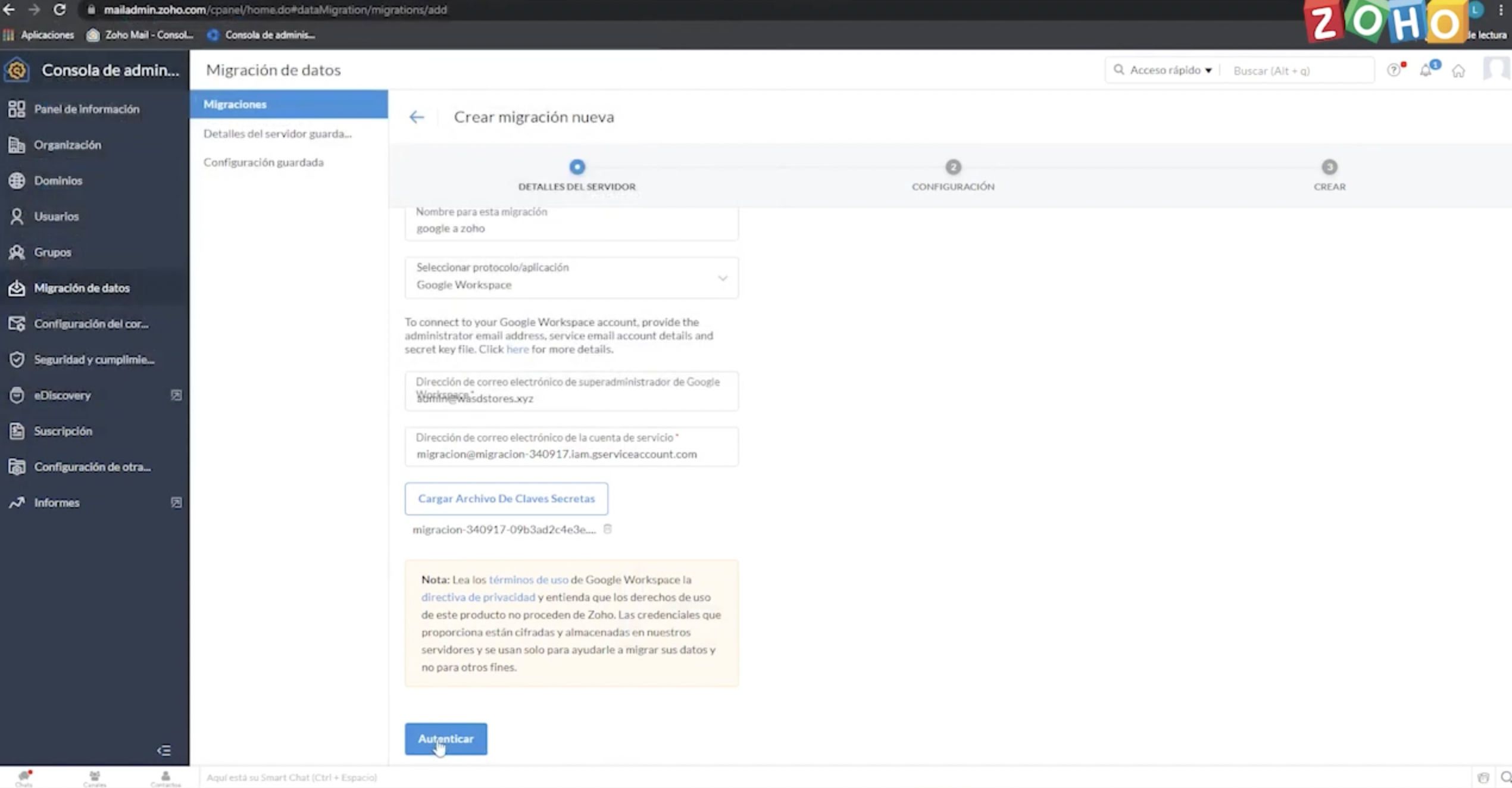 migrar correos de gmail a zoho mail