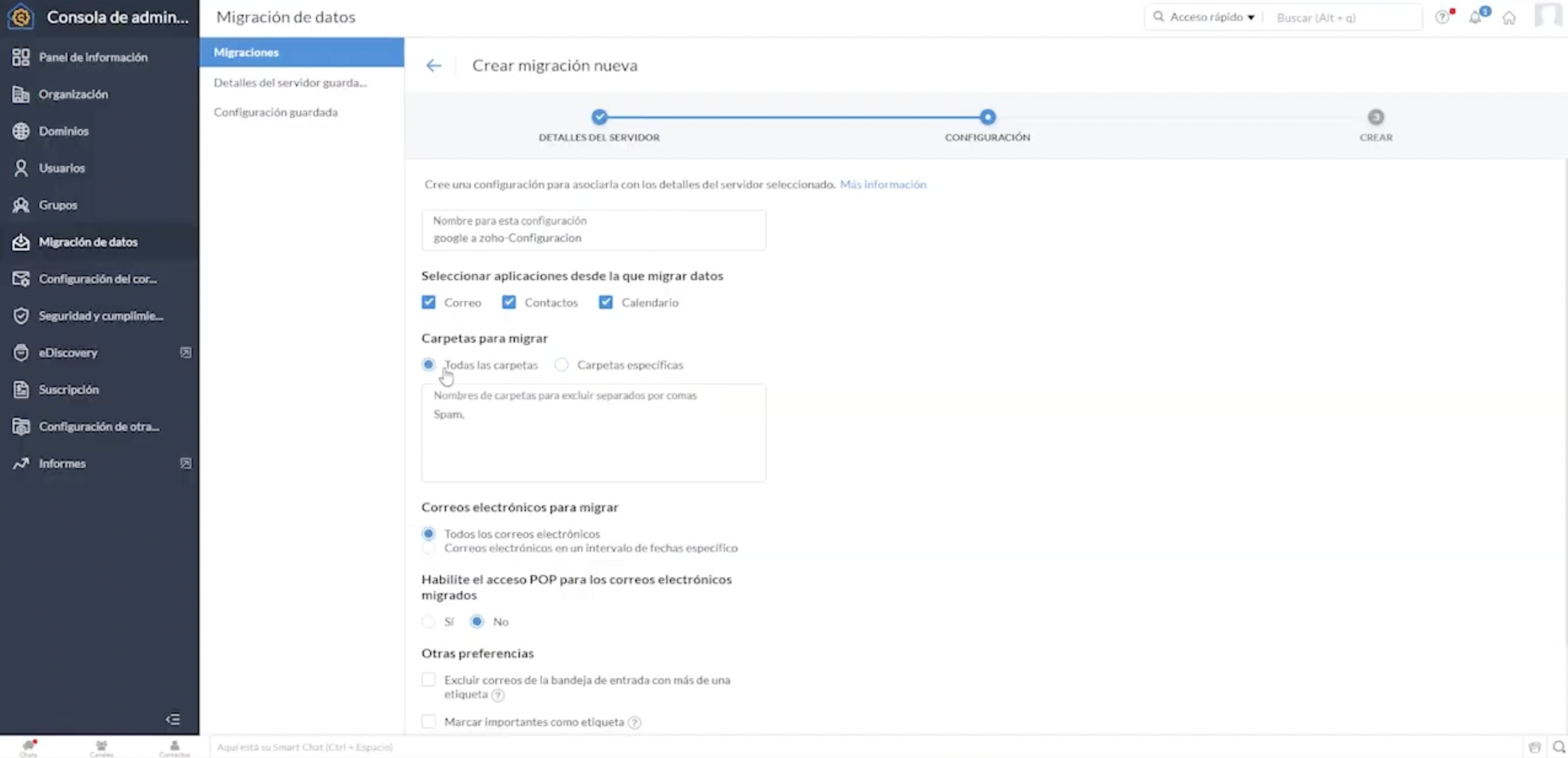 configuración de importación de Google Workspace a Zoho Workplace