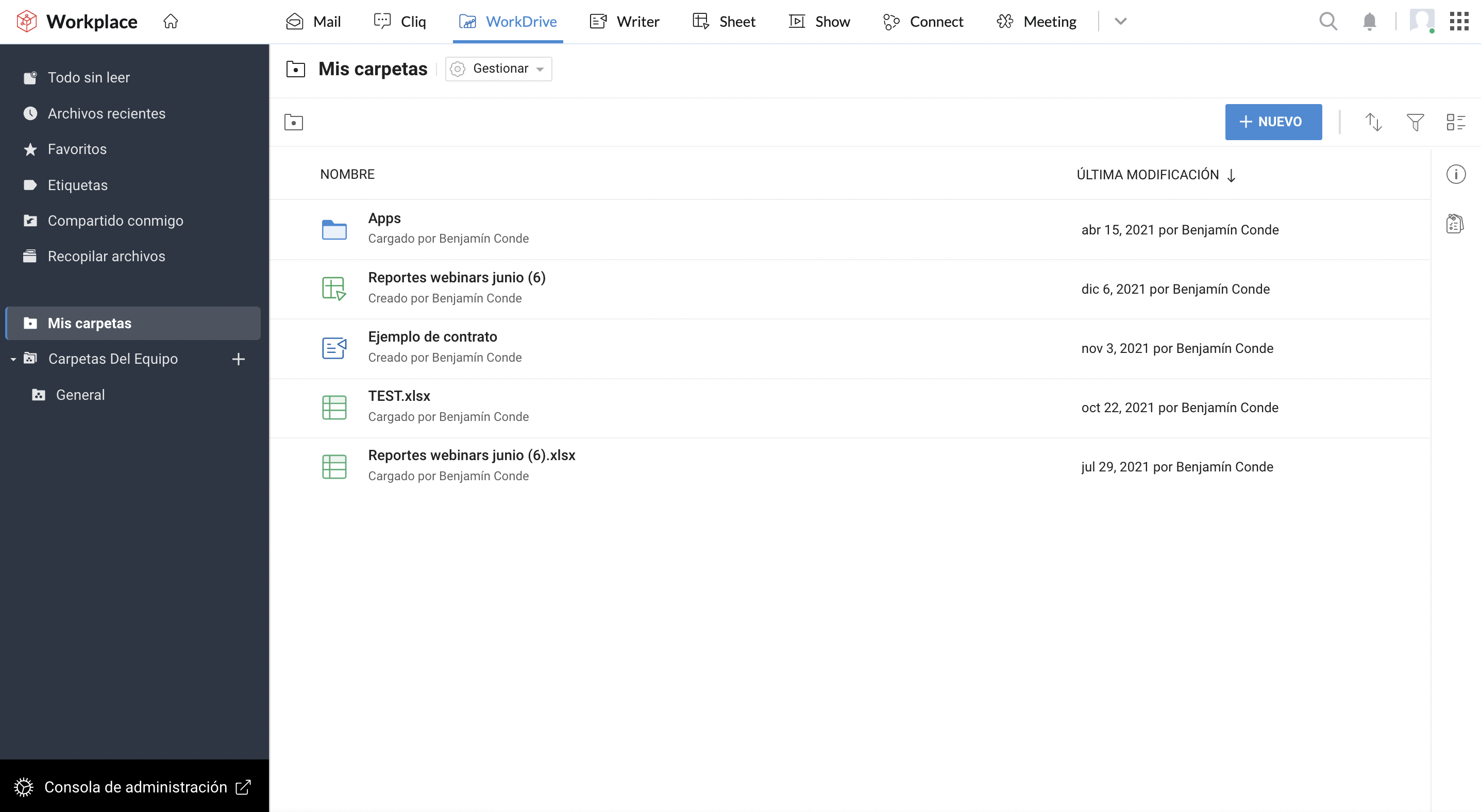 consola de administración zoho workdrive