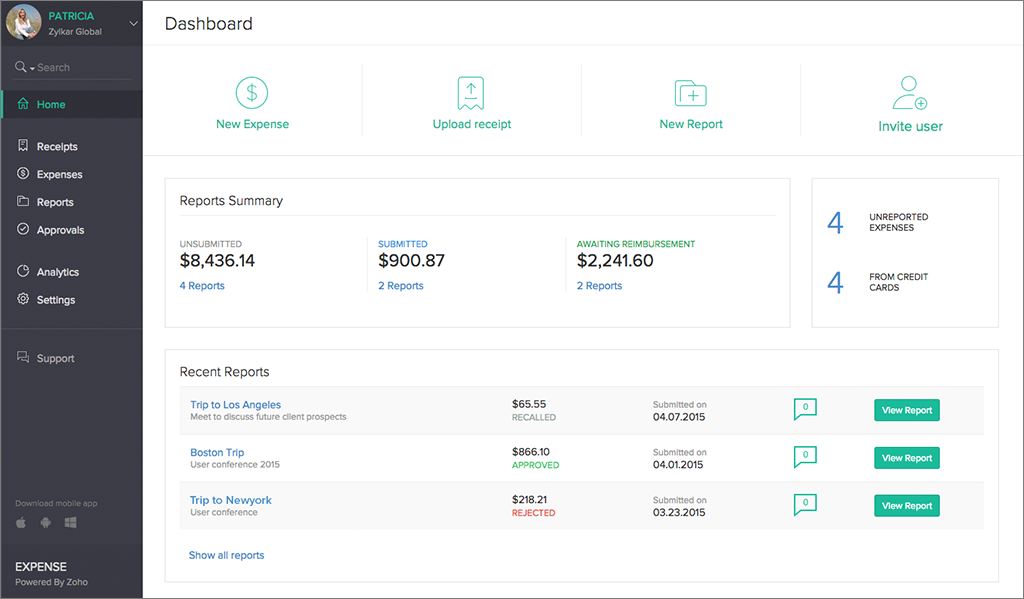 Zoho Expense Home Screen