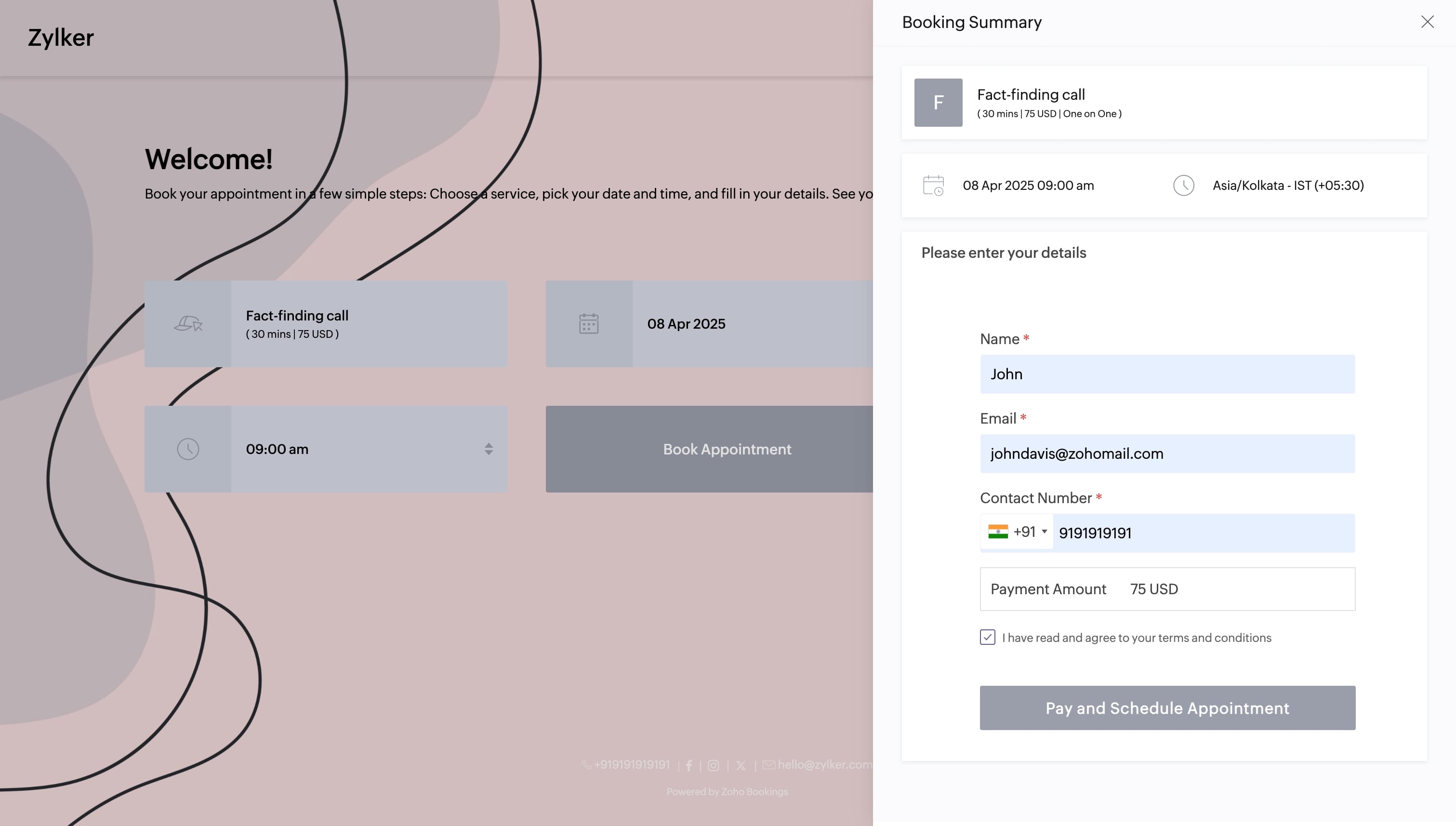 Zoho Bookings booking page with payment information