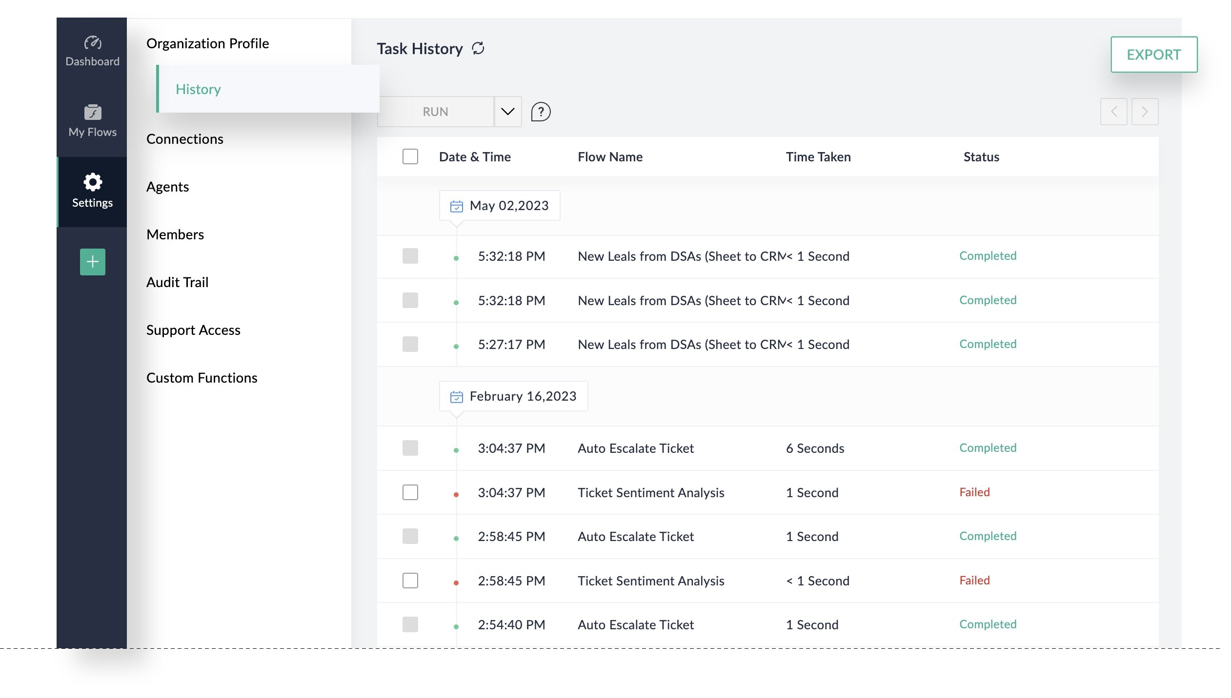 Export task history