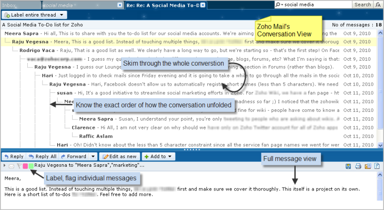 Zoho Mail's Conversation Thread View