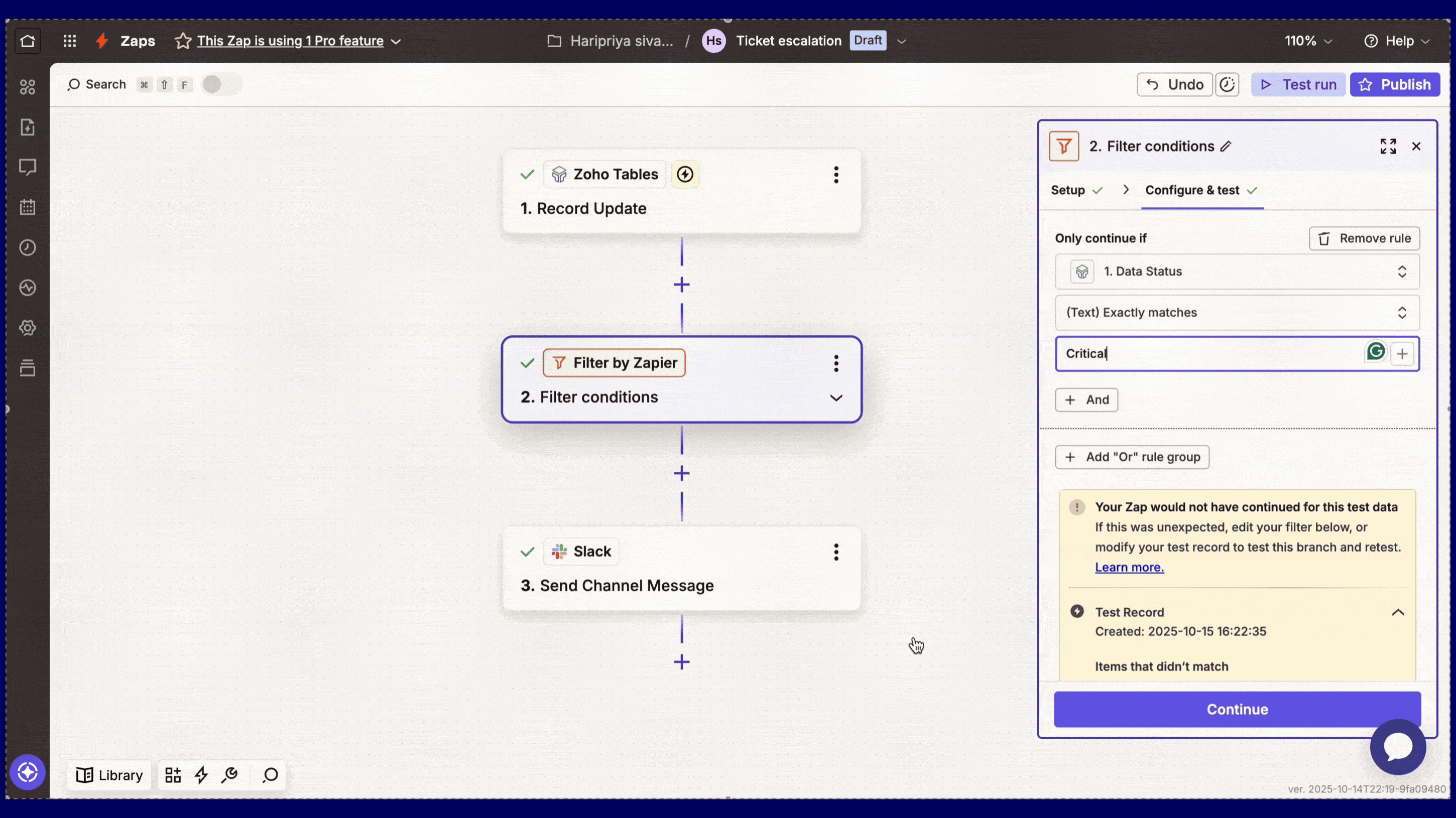 Zapier Zoho Tables integration using Slack