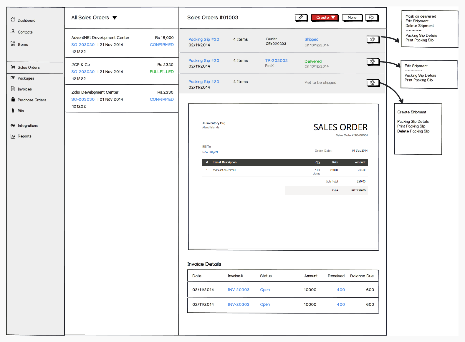 Zoho Inventory Wireframe