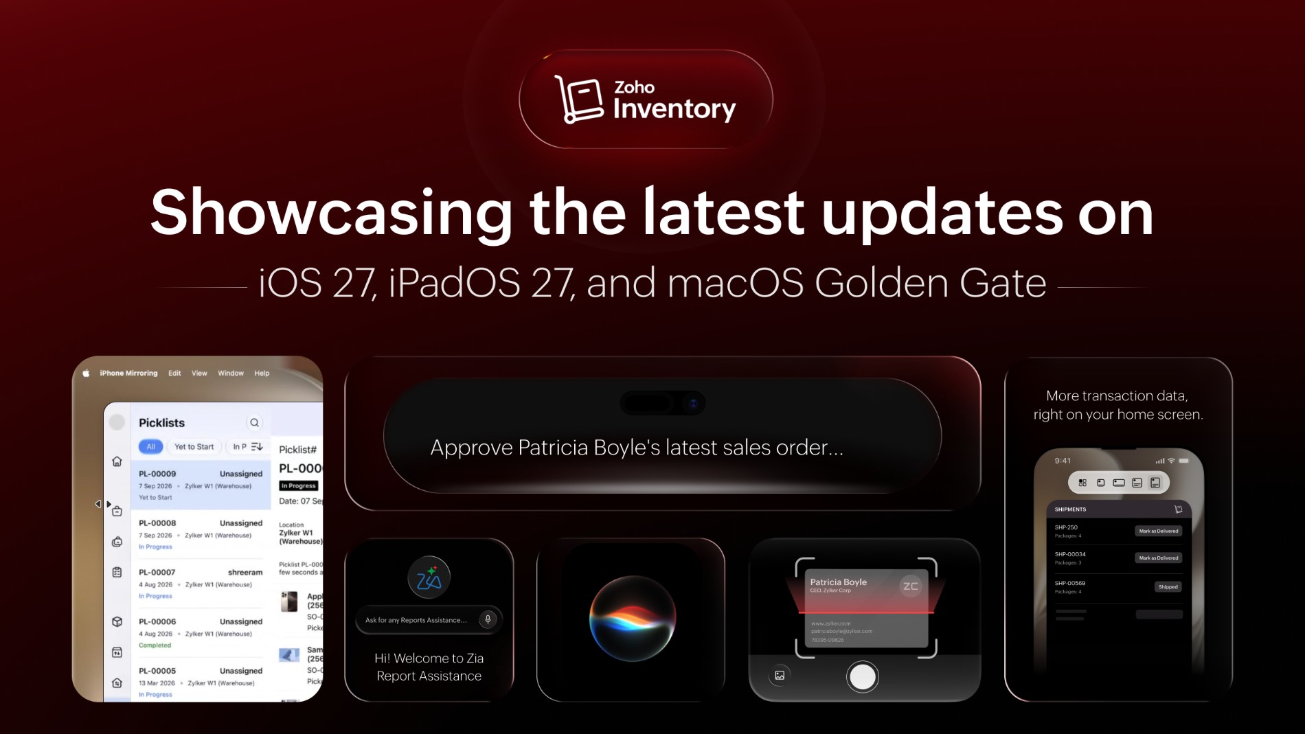 Exhibiting Zoho Inventory updates on Apple Intelligence for iOS 27, iPadOS 27, and macOS Golden Gate