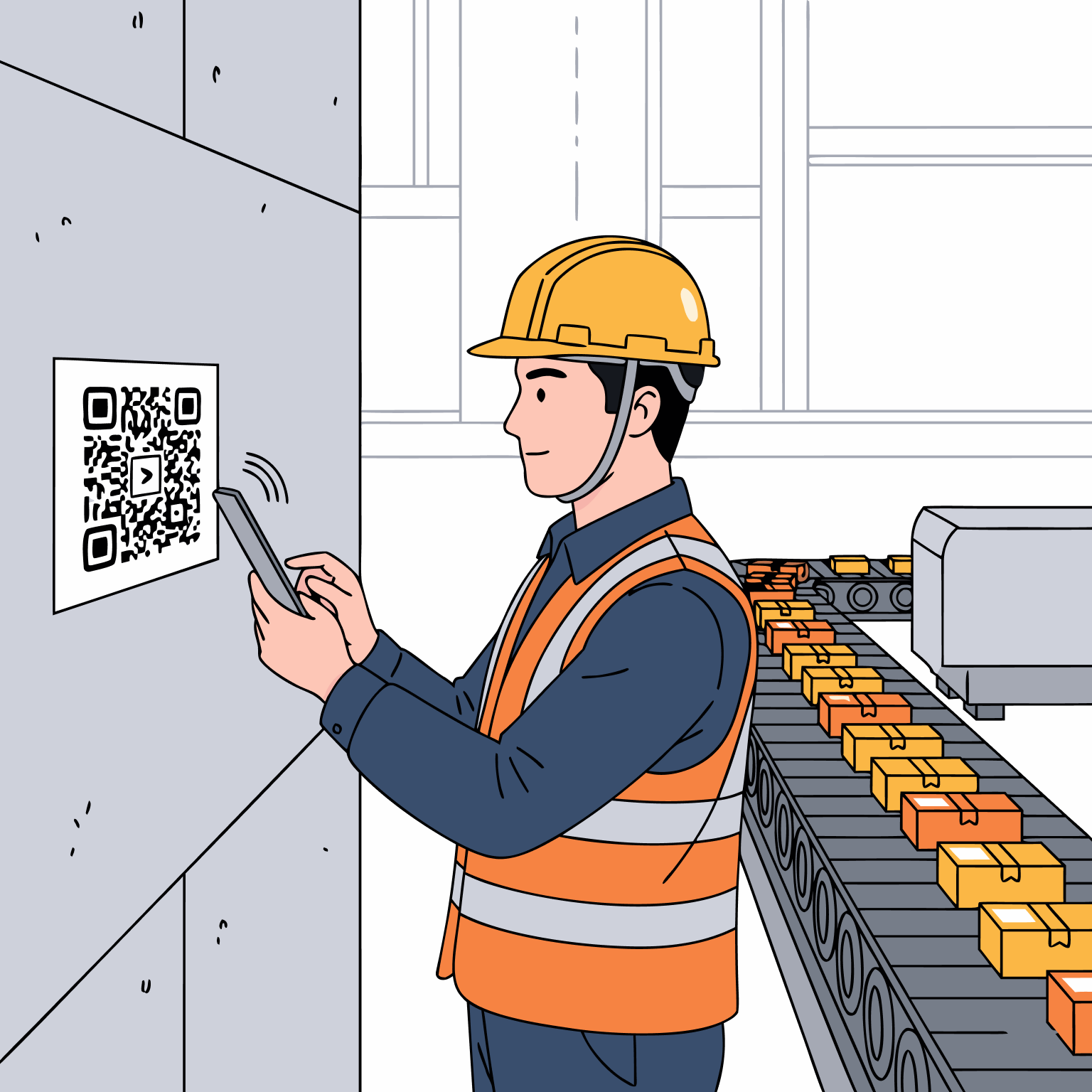 An engineer is scanning a QR code attached on the wall near their workstation