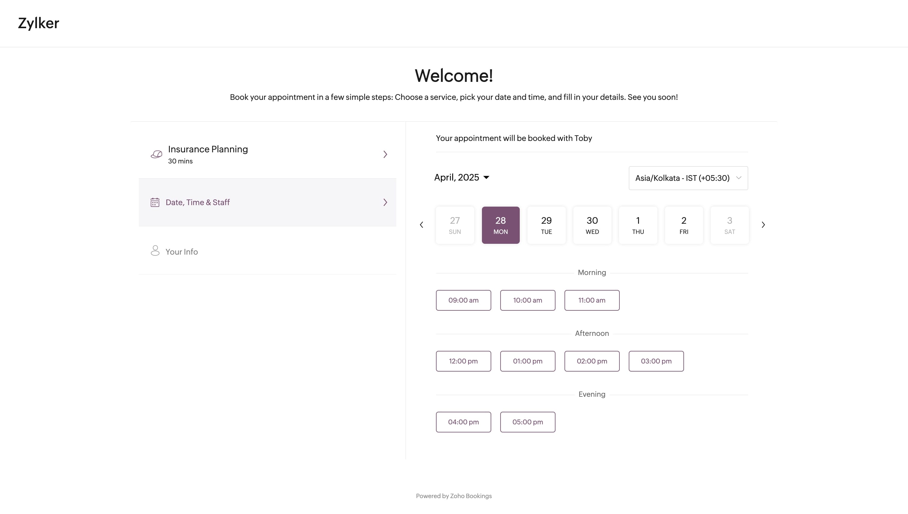 Available booking slots in a Zoho Bookings dashboard