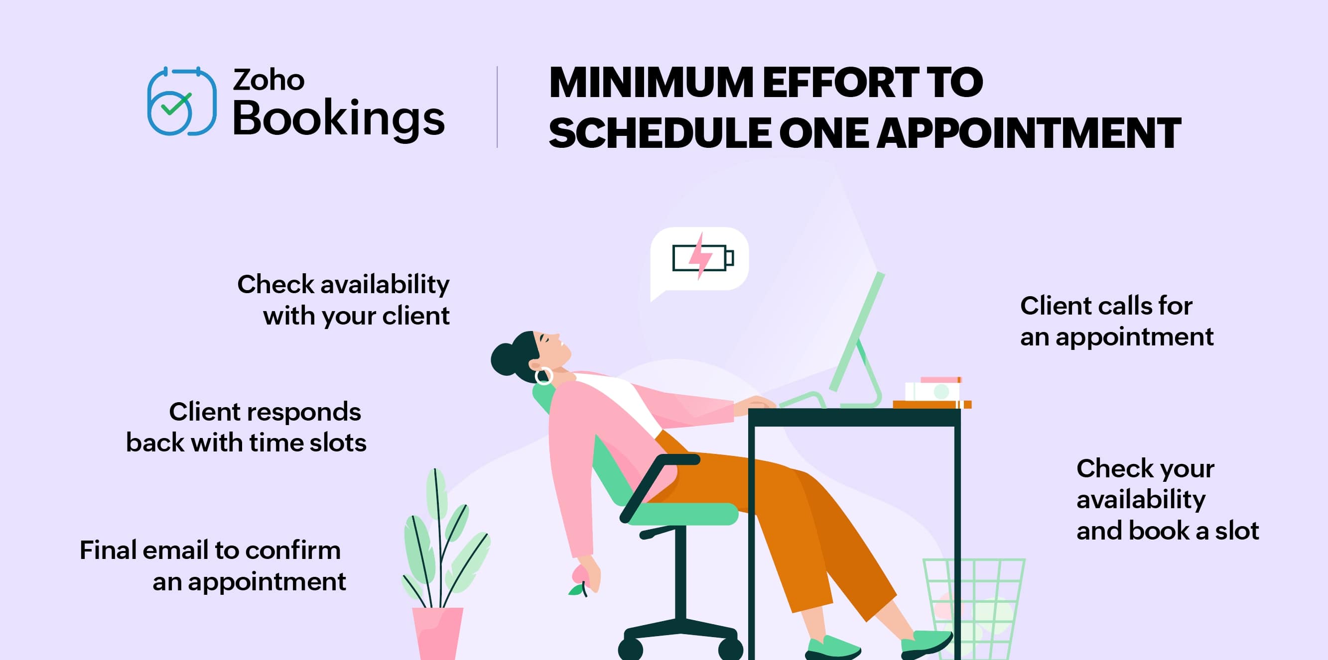 Illustration of a woman leaning back on her chair tired to juggle different tasks with regards to scheduling an appointment