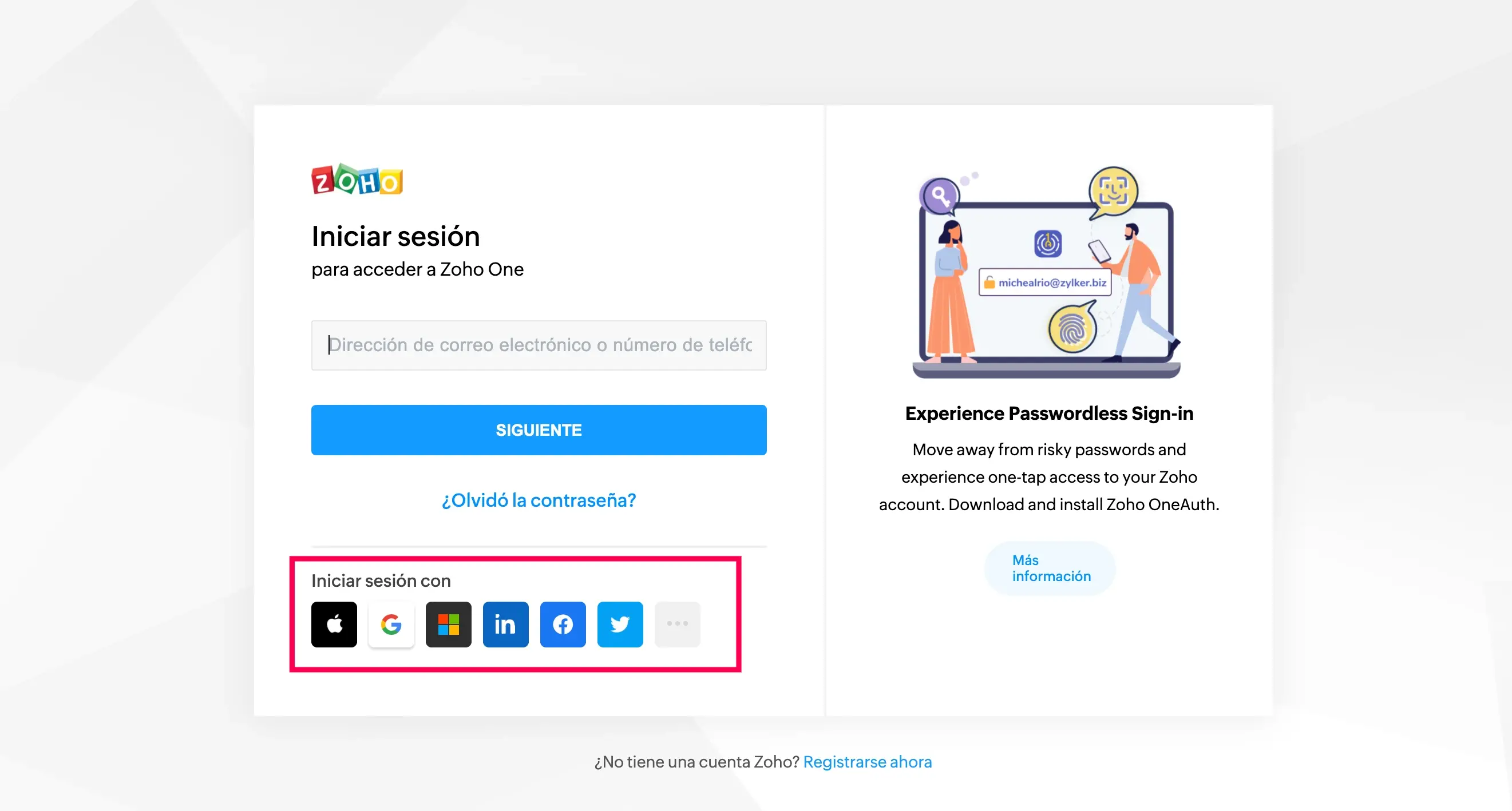 iniciar sesión en zoho one con su cuenta de google, windows, twitter o linkedin