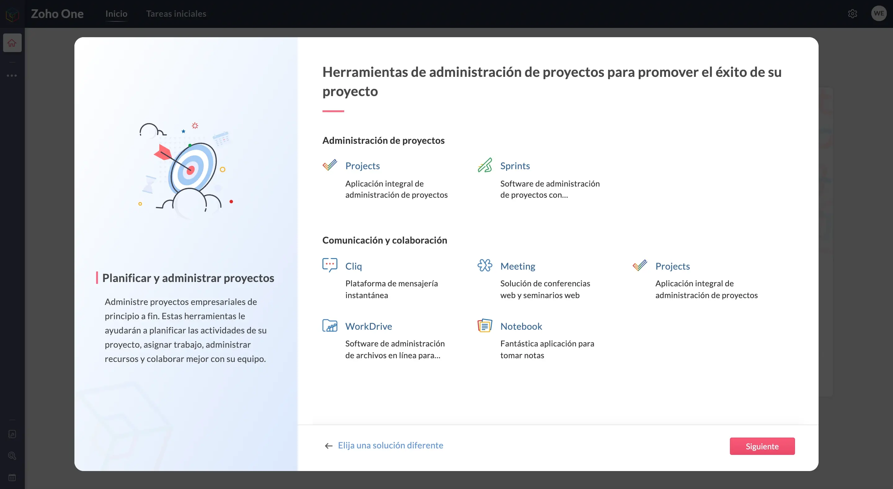 configuración inicial de zoho one. Confirmar aplicaciones