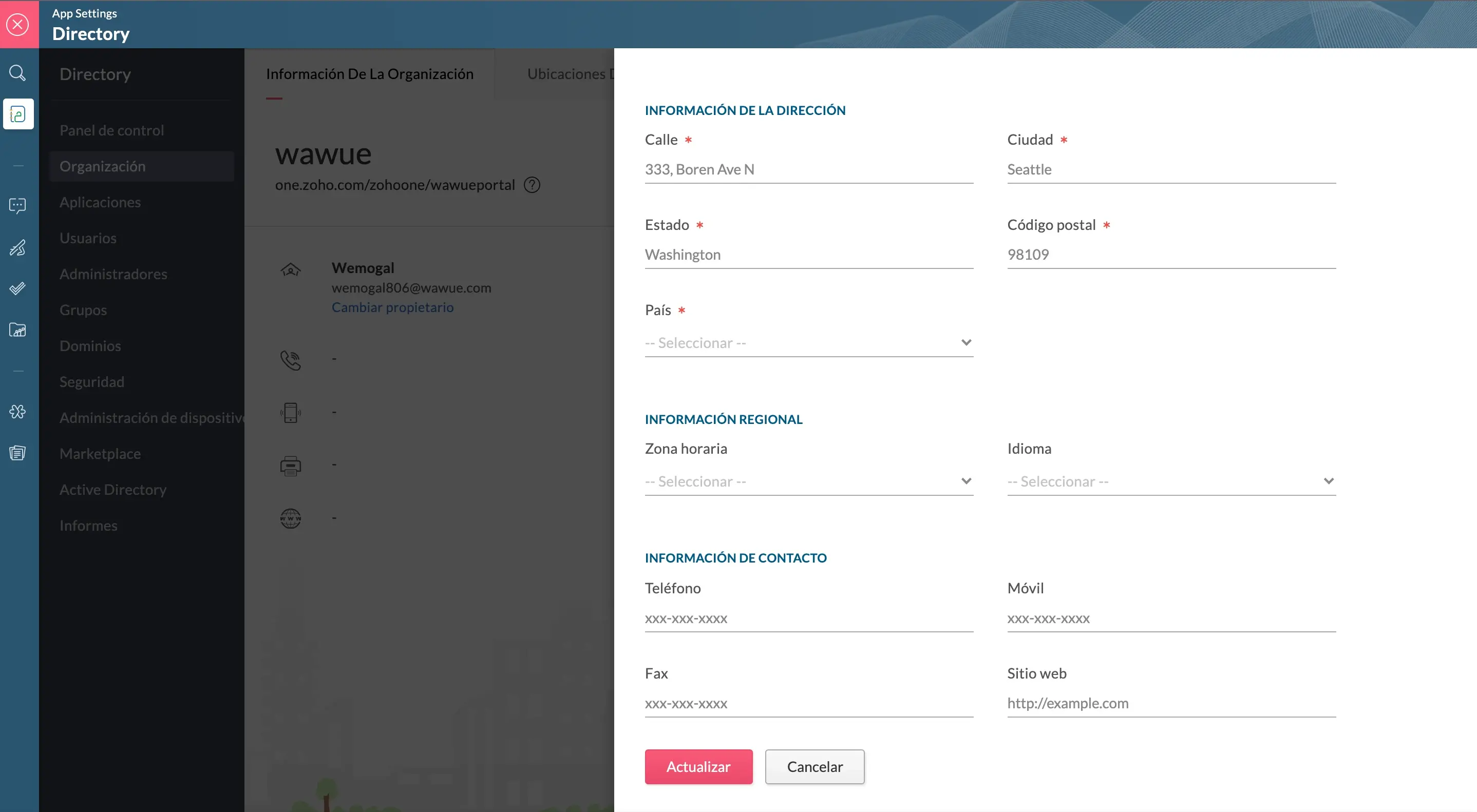 editar datos de organización en zoho one