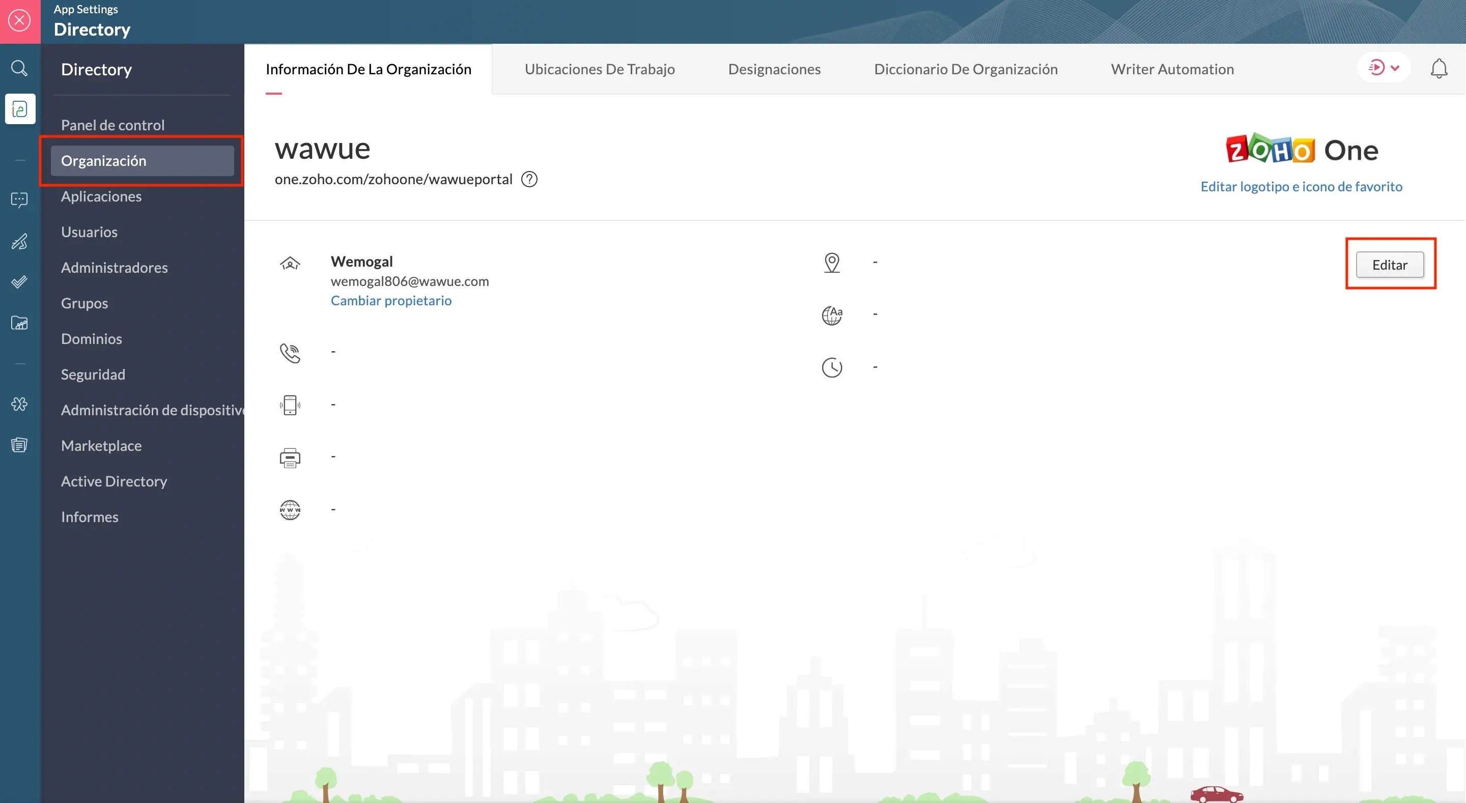 editar datos de oganización en zoho one